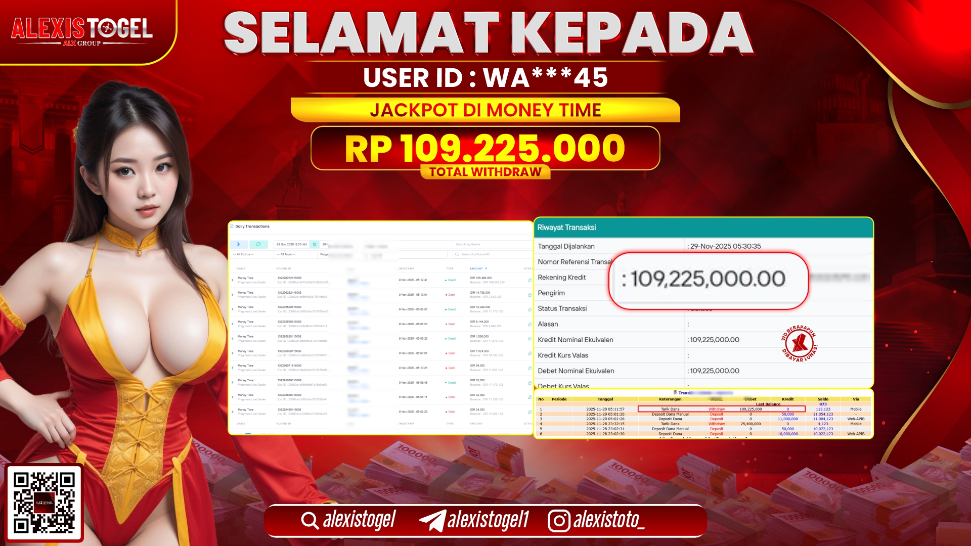 ALEXISTOGEL di PP LIVE DEALER MONEY TIME RP.109.225.000,- LUNAS