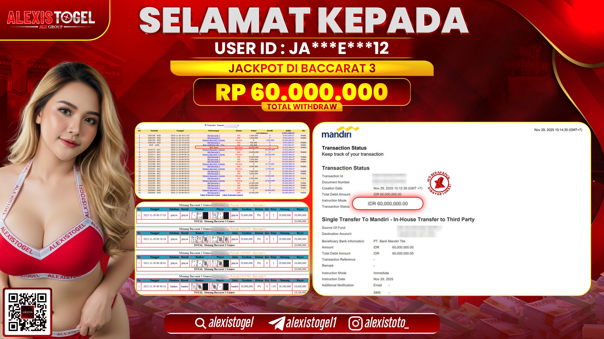 ALEXISTOGEL di CASINO BACCARAT 3 RP.60.000.000,- LUNAS