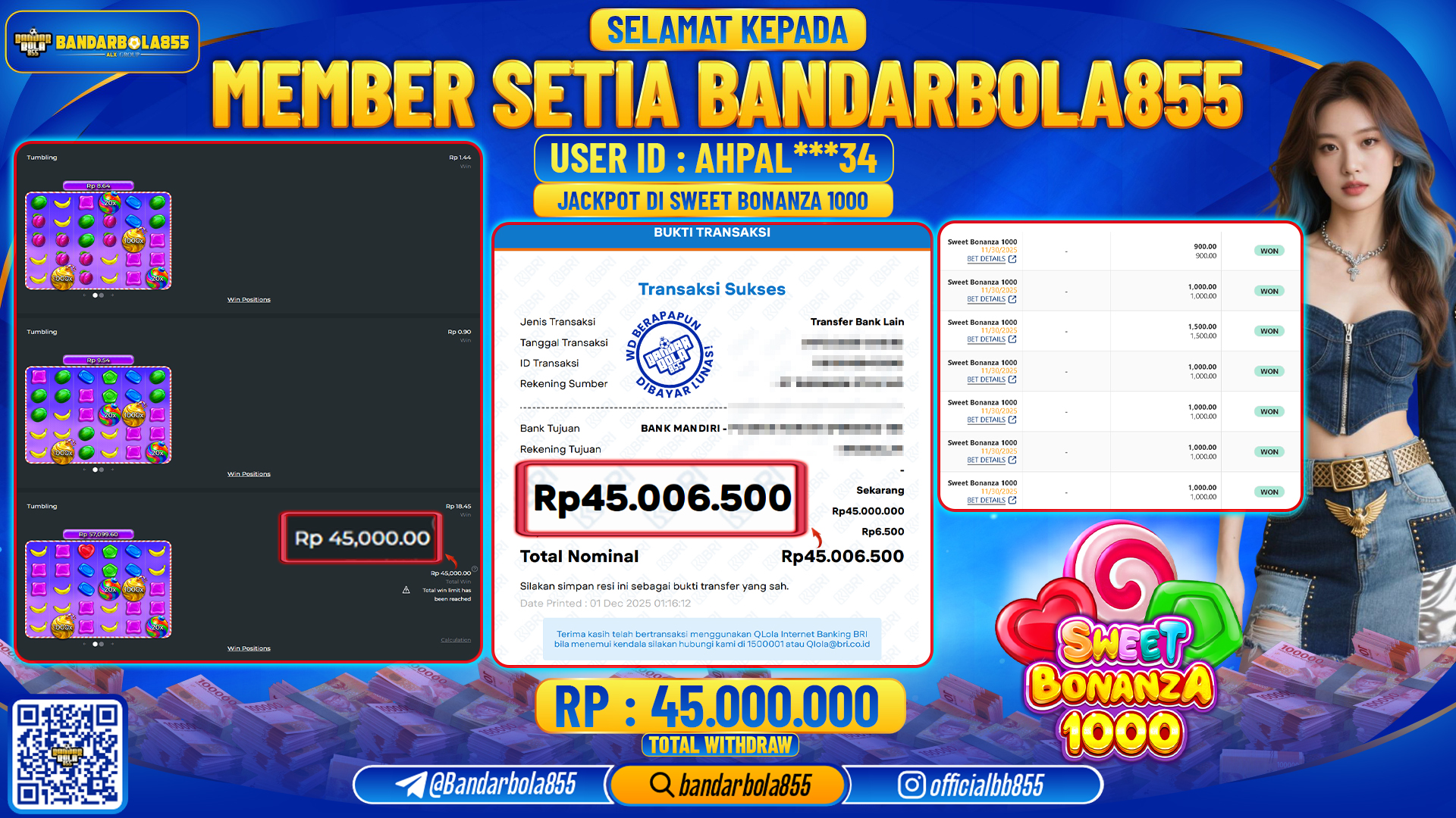 🎖 JACKPOT BANDARBOLA855 di SWEET BONANZA 1000 Rp45.000.000 🎖