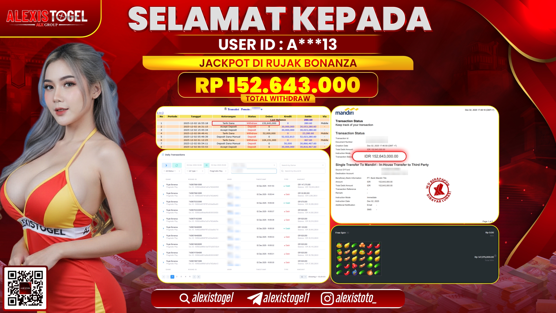 ALEXISTOGEL di SLOT RUJAK BONANZA RUSH RP.152.643.000,- LUNAS