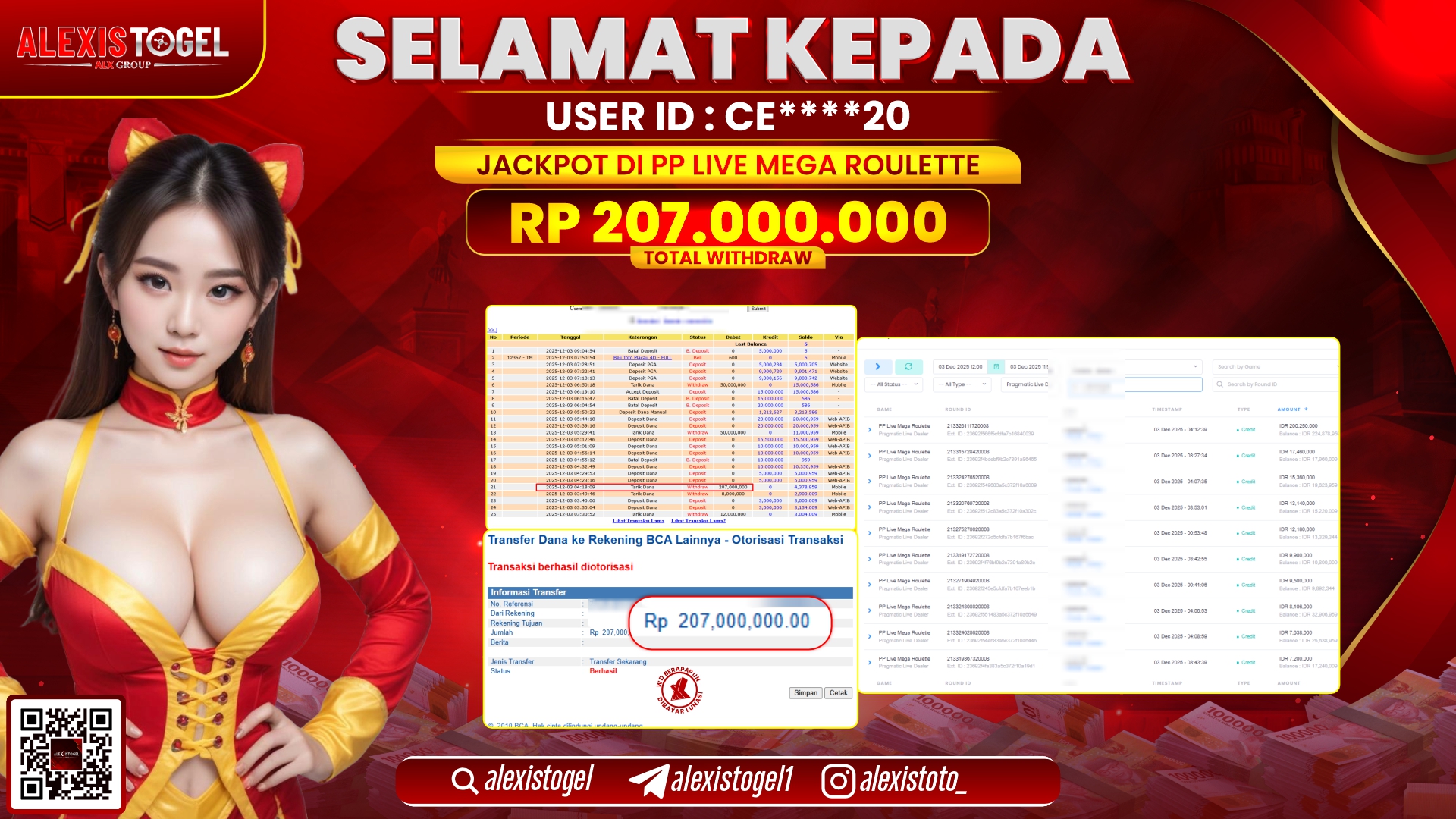 ALEXISTOGEL di PP LIVE MEGA ROULETTE RP.207.000.000,- LUNAS