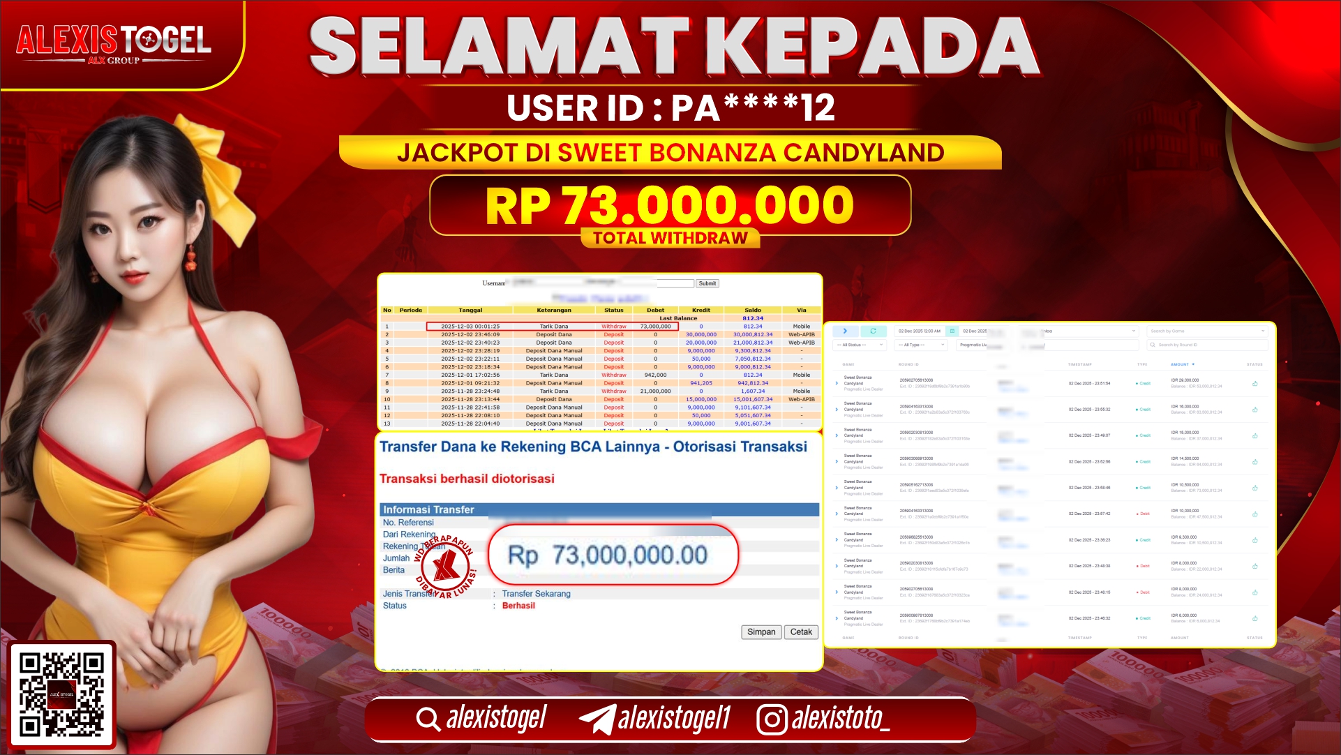 ALEXISTOGEL di SLOT SWEET BONANZA CANDYLAND RP.73.000.000,- LUNAS