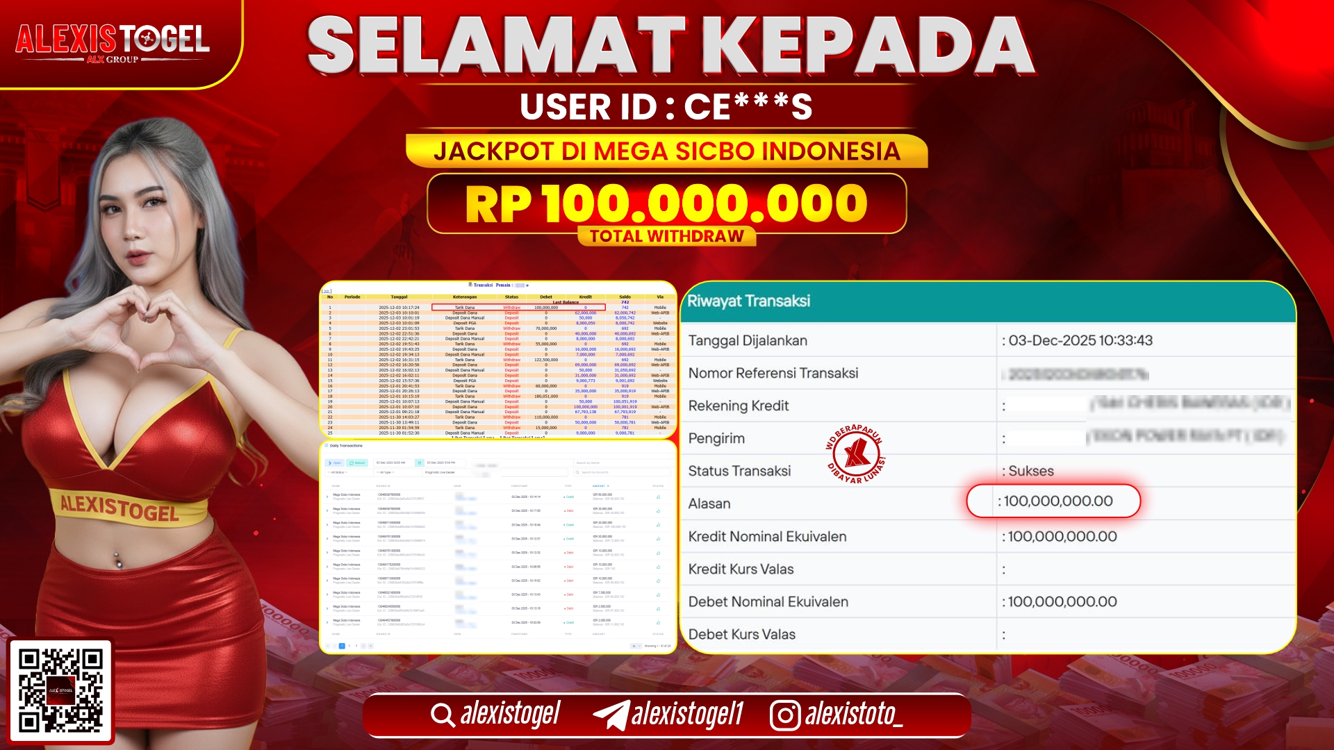 ALEXISTOGEL di CASINO MEGA SICBO INDONESIA RP.100.000.000,- LUNAS