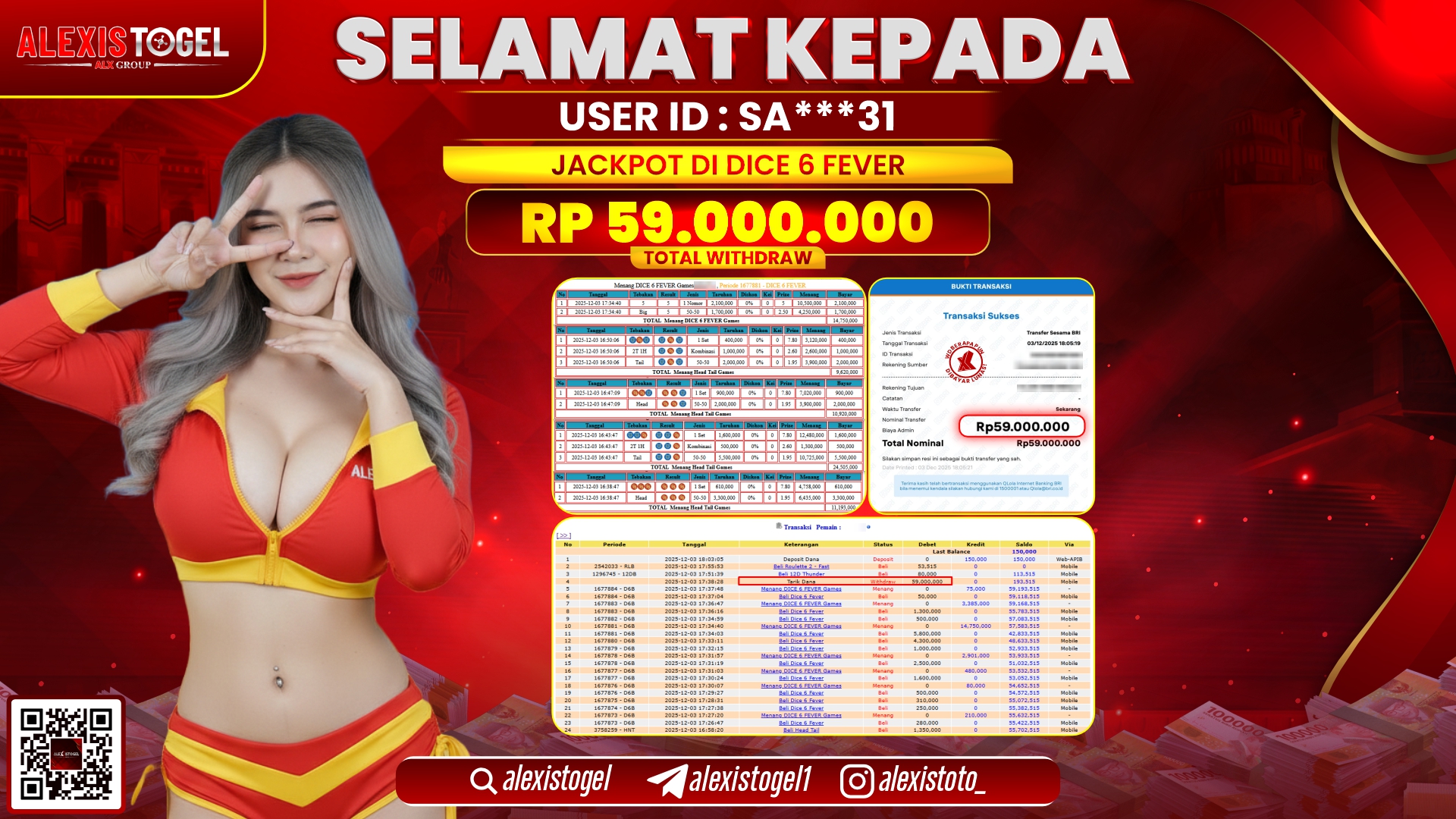 ALEXISTOGEL di CASINO DICE 6 FAVER RP.59.000.000,- LUNAS