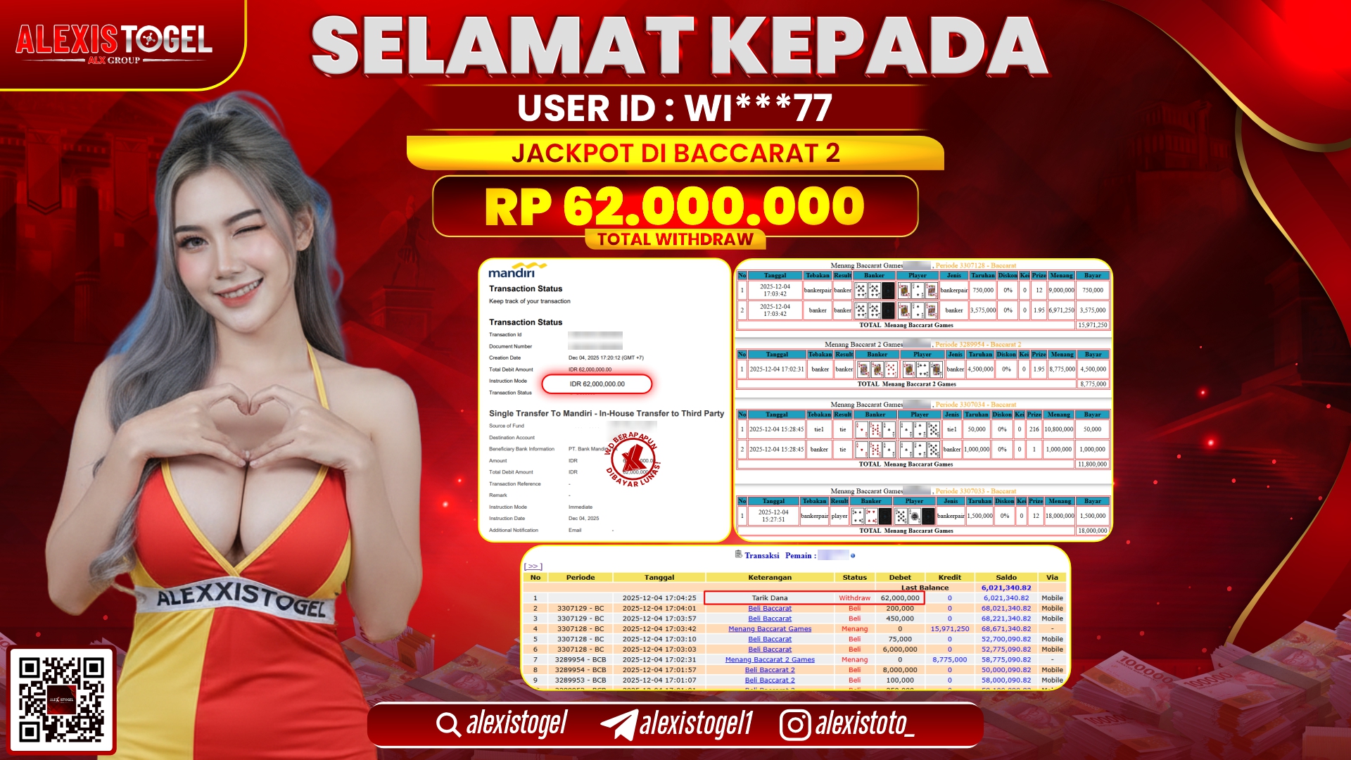 ALEXISTOGEL di CASINO BACCARAT 2 RP.62.000.000,- LUNAS