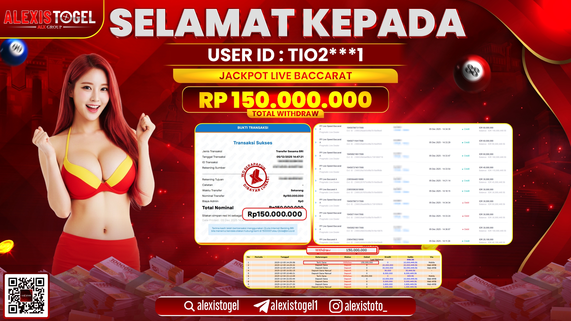 ALEXISTOGEL di CASINO BACCARAT RP.150.000.000,- LUNAS