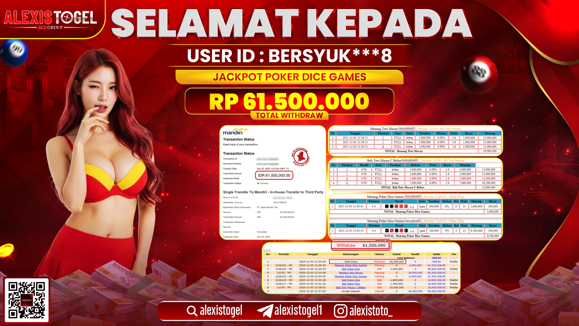 ALEXISTOGEL di CASINO POKER DICE GAMES RP.61.500.000,- LUNAS