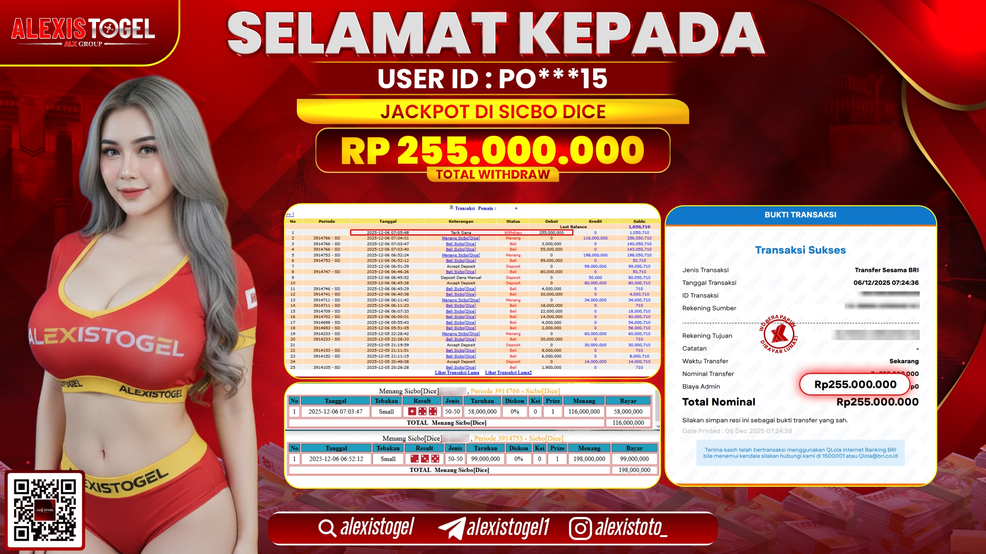 ALEXISTOGEL di CASINO SICBO DICE RP.255.000.000,- LUNAS
