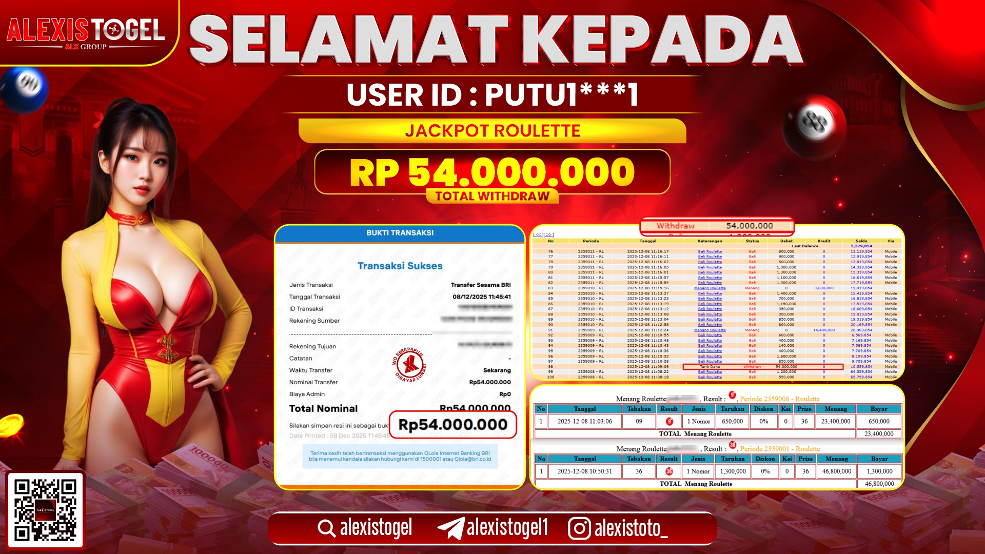 ALEXISTOGEL di CASINO ROULETTE RP.54.000.000,- LUNAS