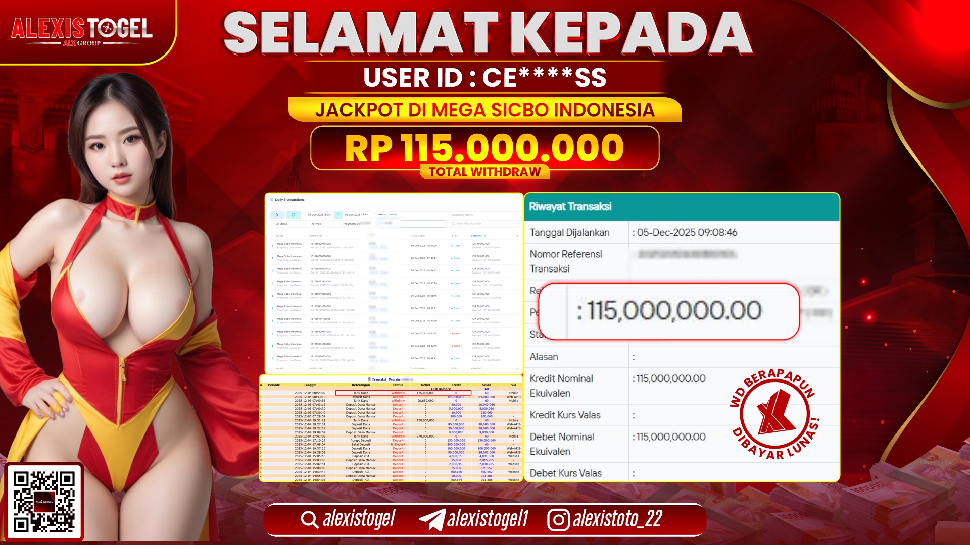 ALEXISTOGEL di CASINO MEGA SICBO INDONESIA RP.115.000.000,- LUNAS