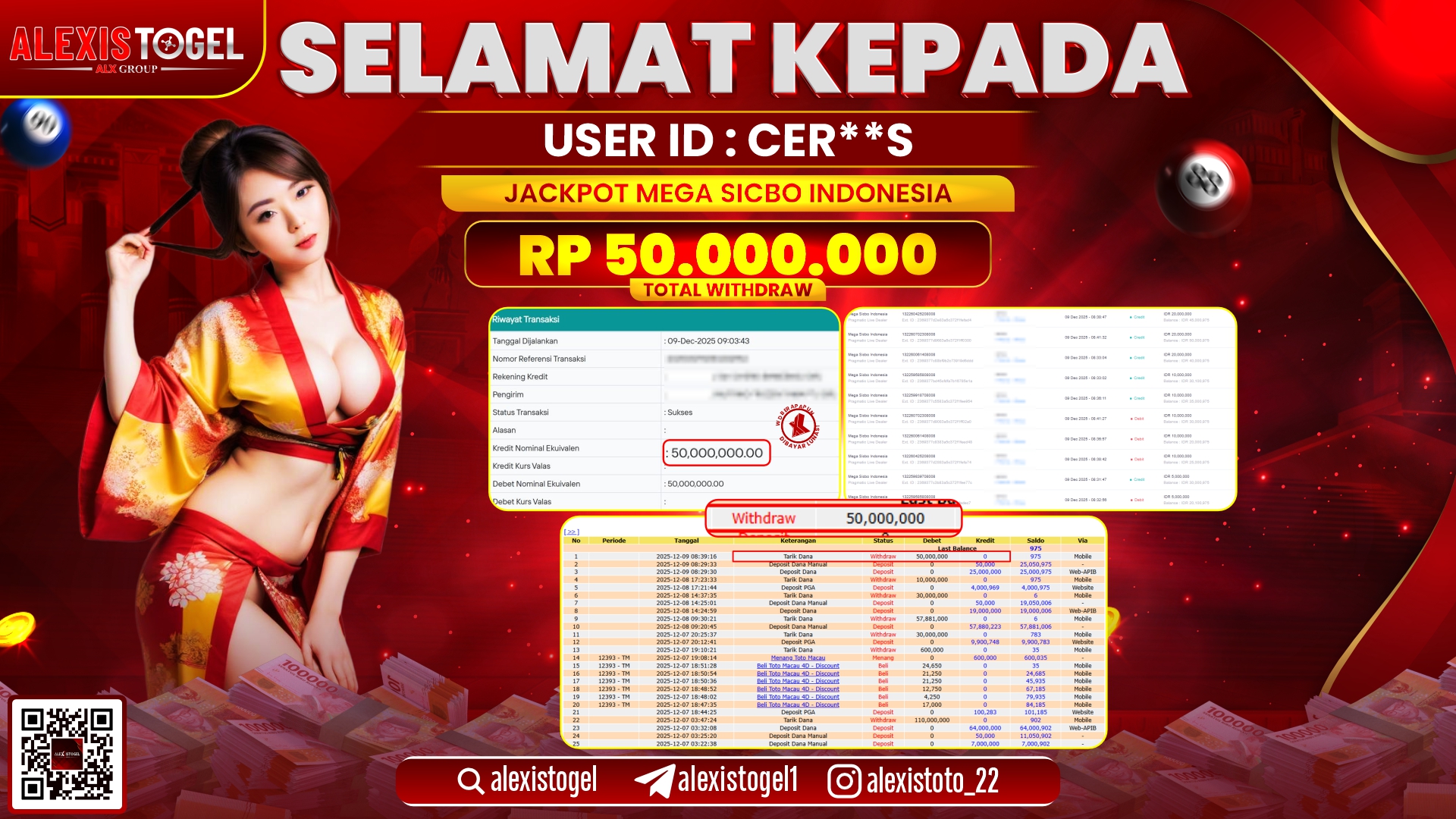 ALEXISTOGEL di CASINO MEGA SICBO INDONESIA RP.50.000.000,- LUNAS