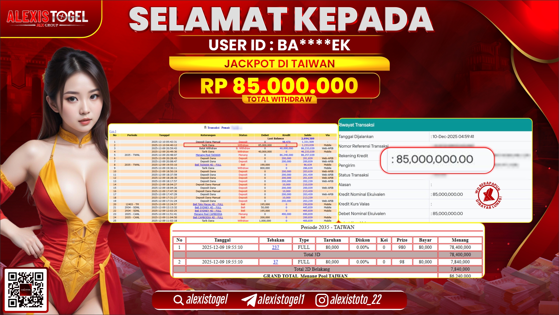 ALEXISTOGEL di TOGEL TAIWAN RP.85.000.000,- LUNAS