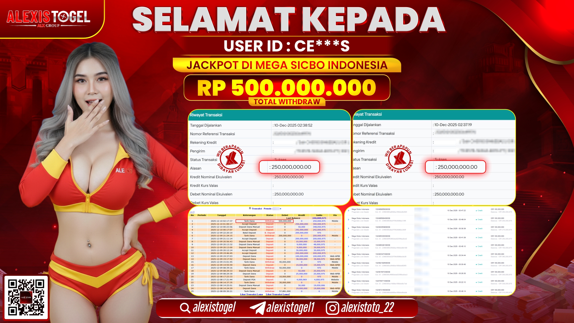 ALEXISTOGEL di CASINO MEGA SICBO INDONESIA RP.500.000.000,- LUNAS