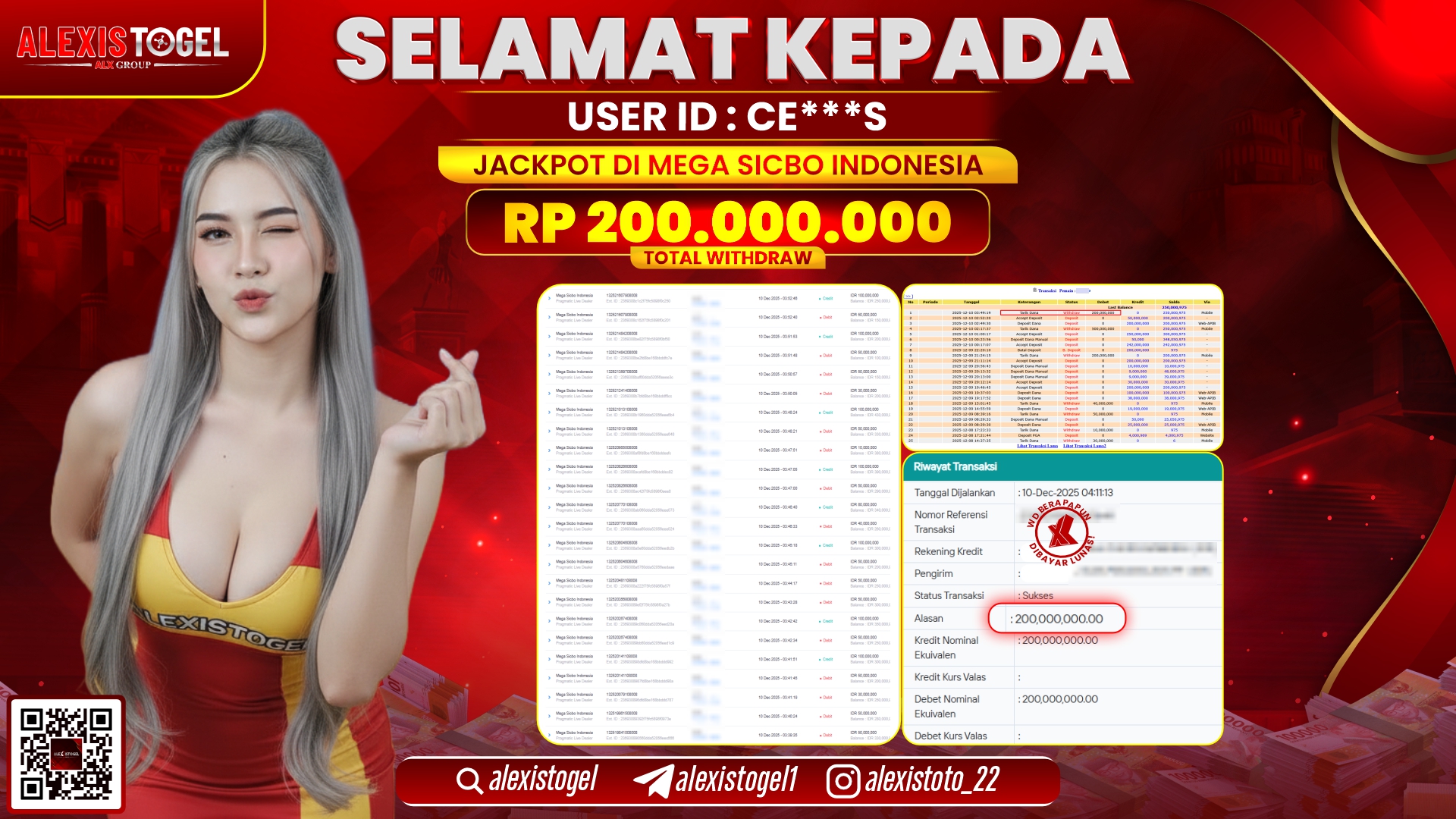 ALEXISTOGEL di CASINO MEGA SICBO INDONESIA RP.200.000.000,- LUNAS