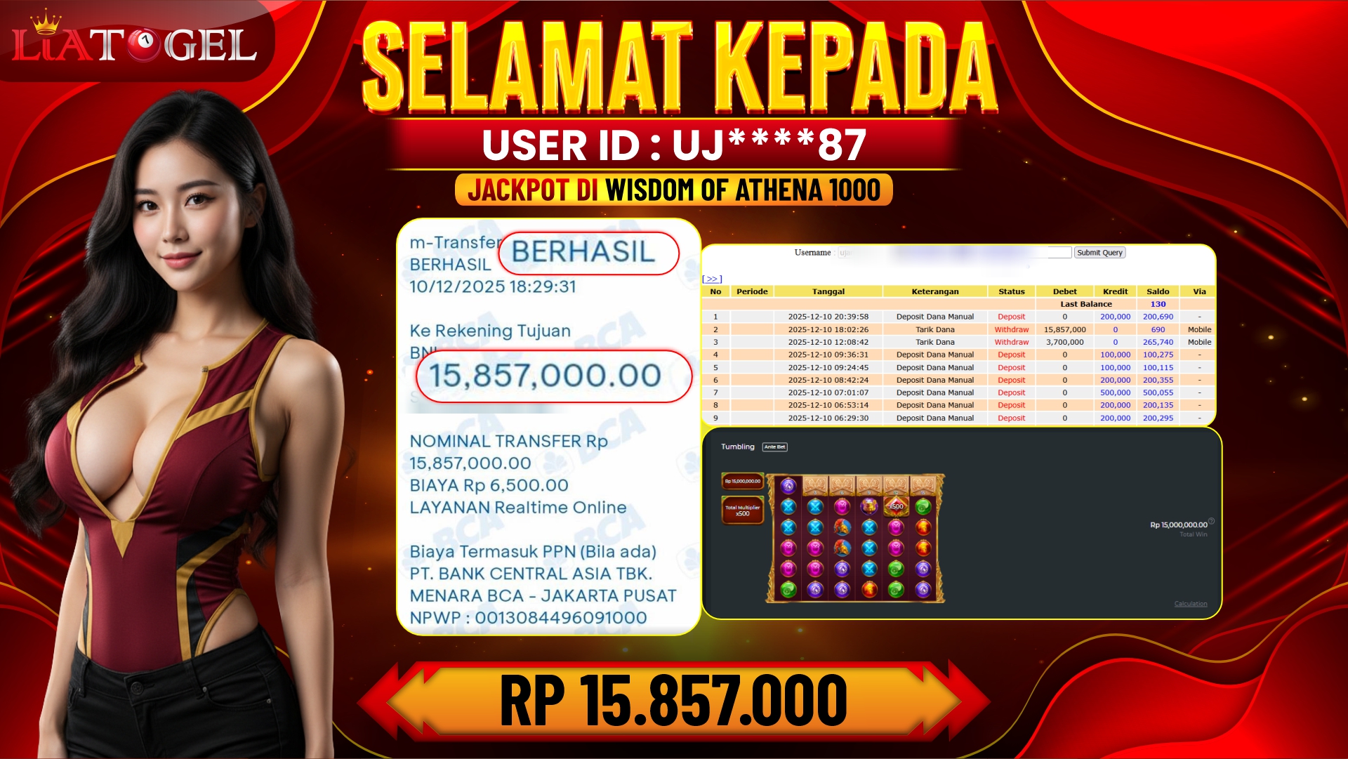 LIATOGEL - JACKPOT SLOT WISDOM OF ATHENA 1000 RP 15,857.000,- LUNAS