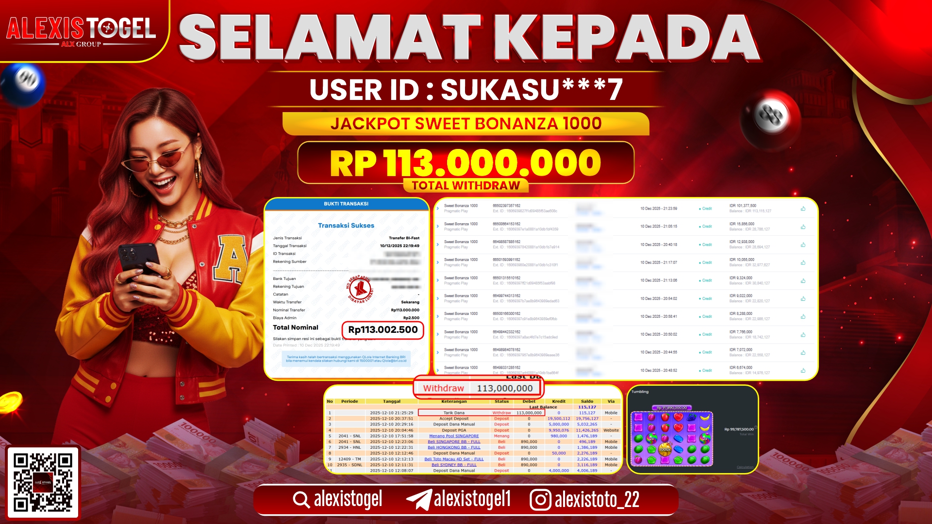 ALEXISTOGEL di SLOT SWEET BONANZA 1000 RP.113.000.000,- LUNAS