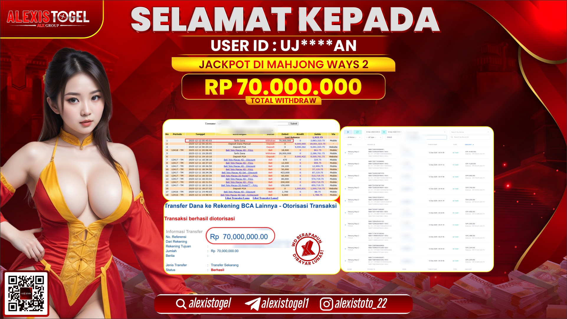 ALEXISTOGEL di SLOT MAHJONG WAYS 2 RP.70.000.000,- LUNAS