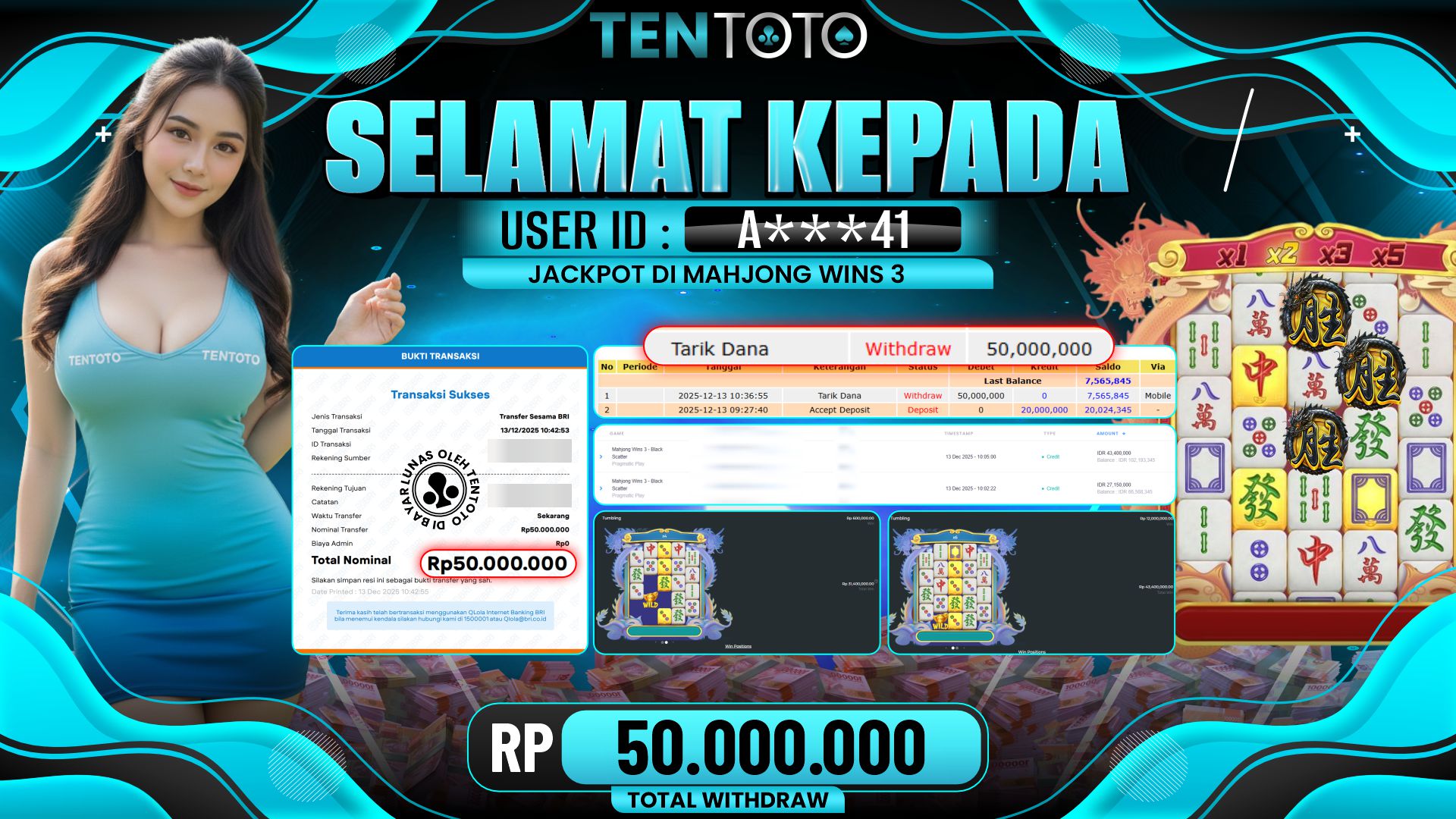 TENTOTO Mahjong Wins 3 Rp. 50.000.000,- LUNAS