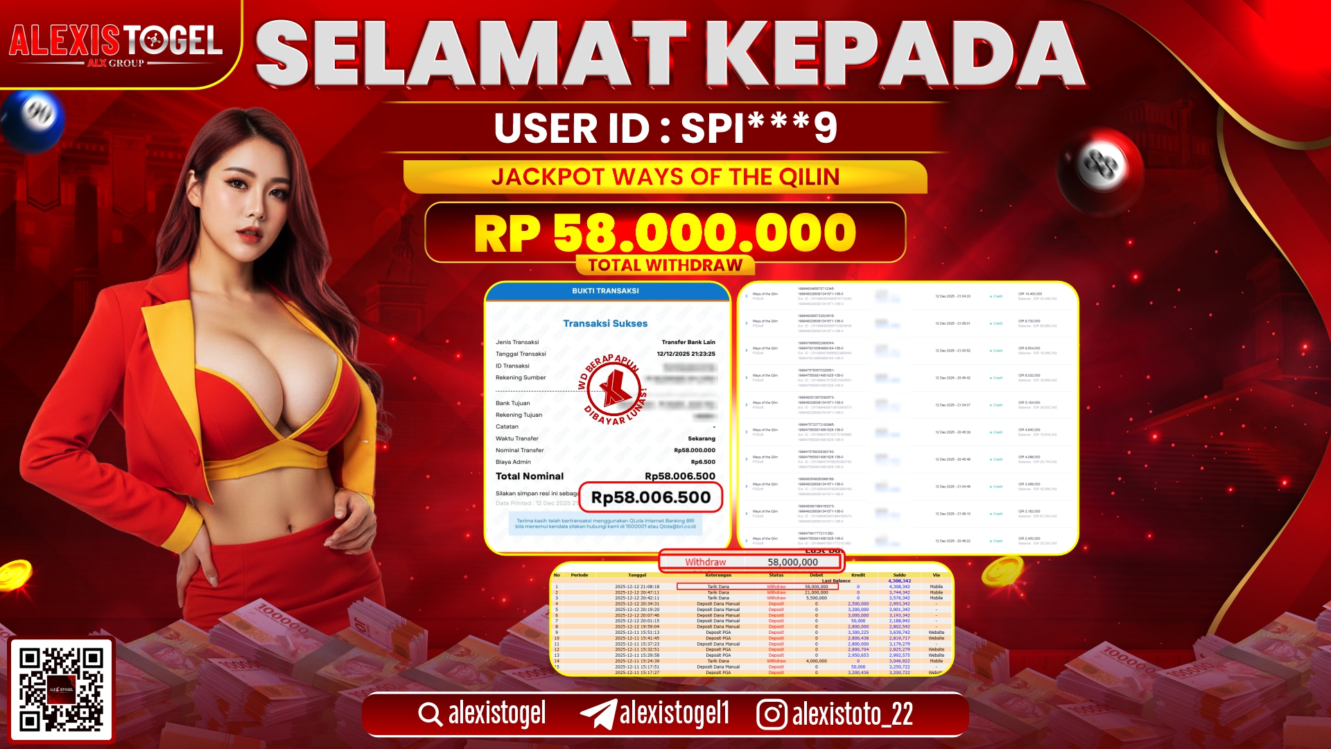 ALEXISTOGEL di SLOT WAYS OF THE QILIN RP.58.000.000,- LUNAS