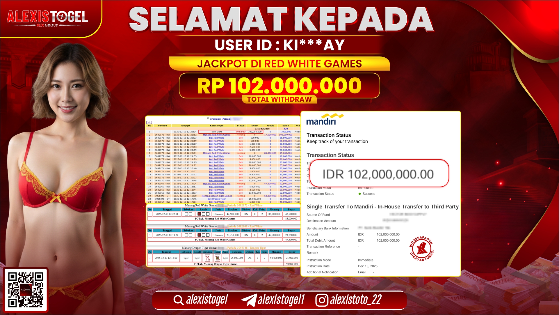 ALEXISTOGEL di CASINO RED WHITE GAMES RP.102.000.000,- LUNAS