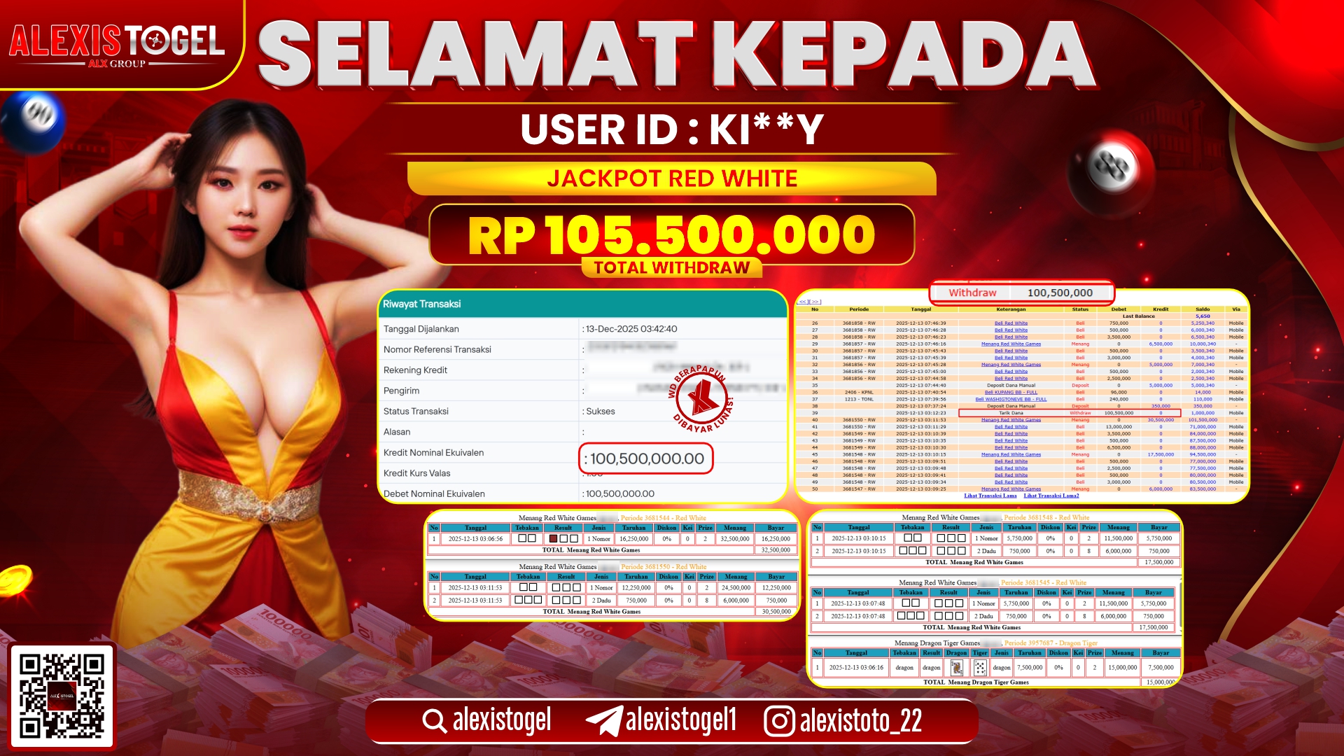 ALEXISTOGEL di CASINO RED WHITE RP.105.500.000,- LUNAS