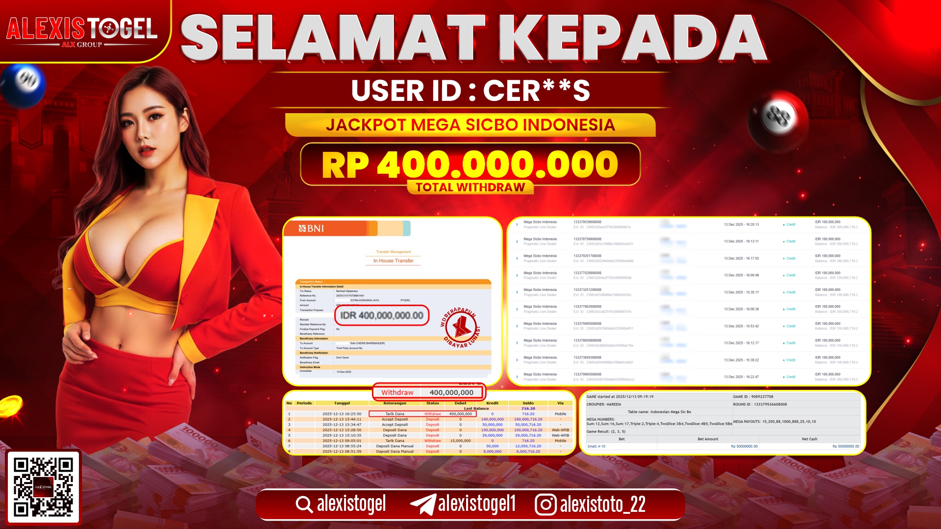 ALEXISTOGEL di CASINO MEGA SICBO INDONESIA RP.400.000.000,- LUNAS