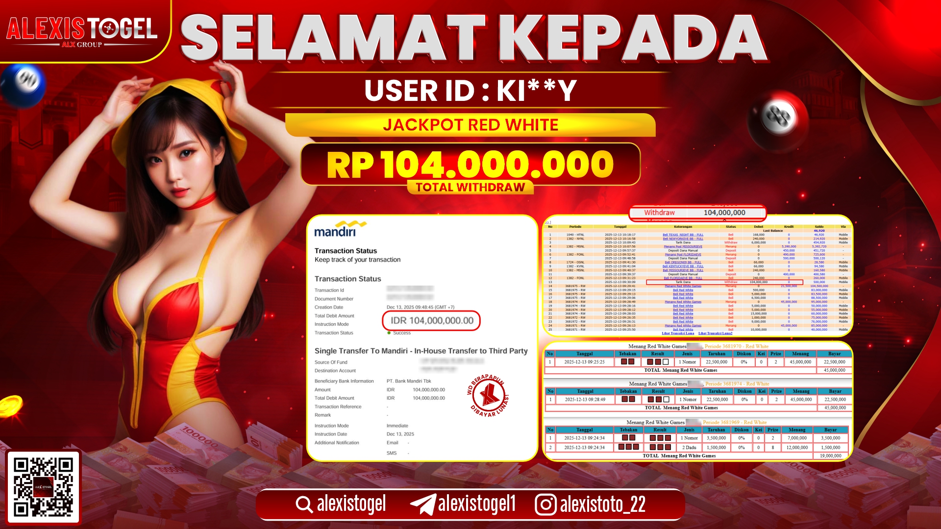 ALEXISTOGEL di CASINO RED WHITE RP.104.000.000,- LUNAS