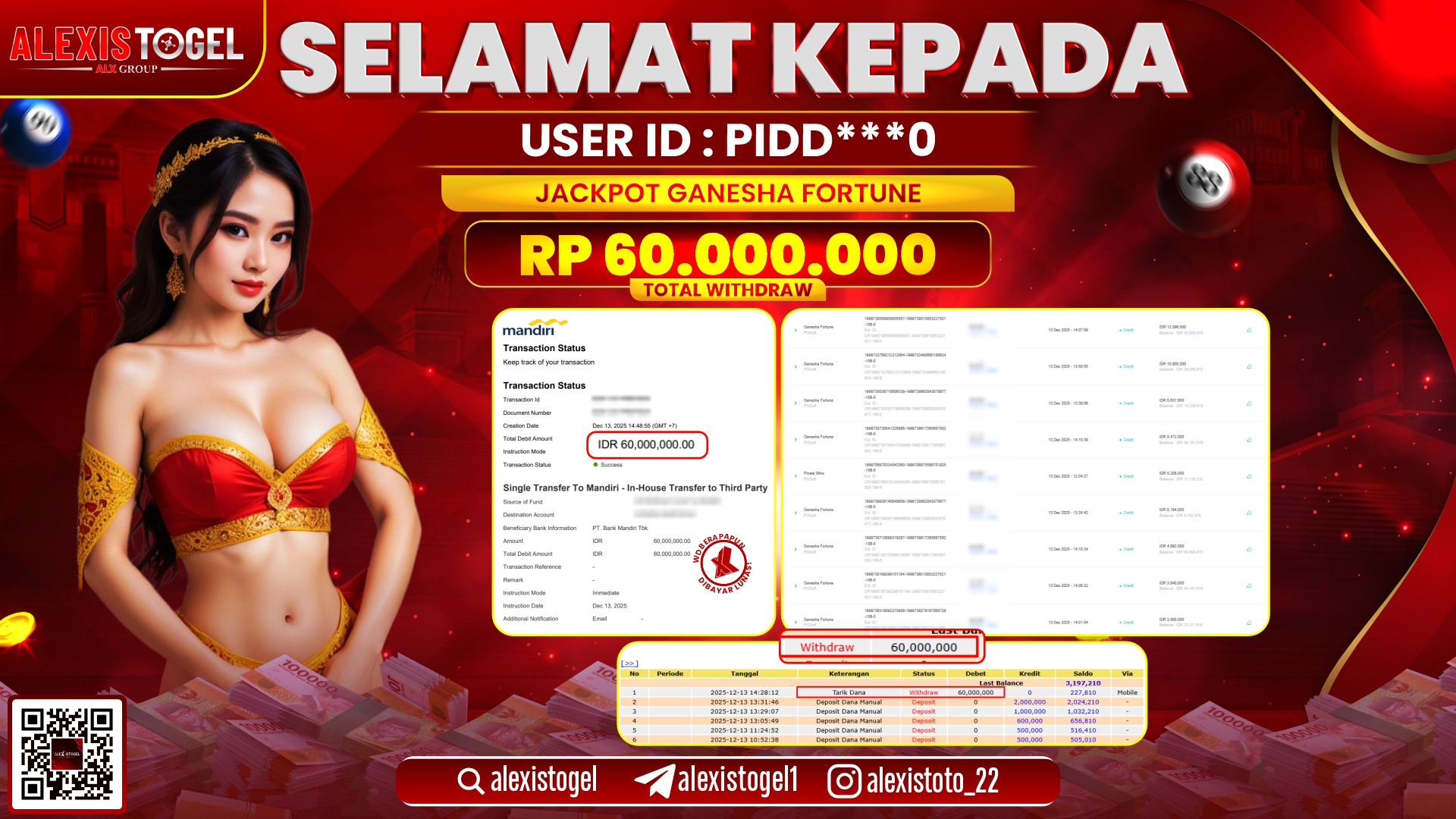 ALEXISTOGEL di GANESHA FORTUNE RP.60.000.000,- LUNAS