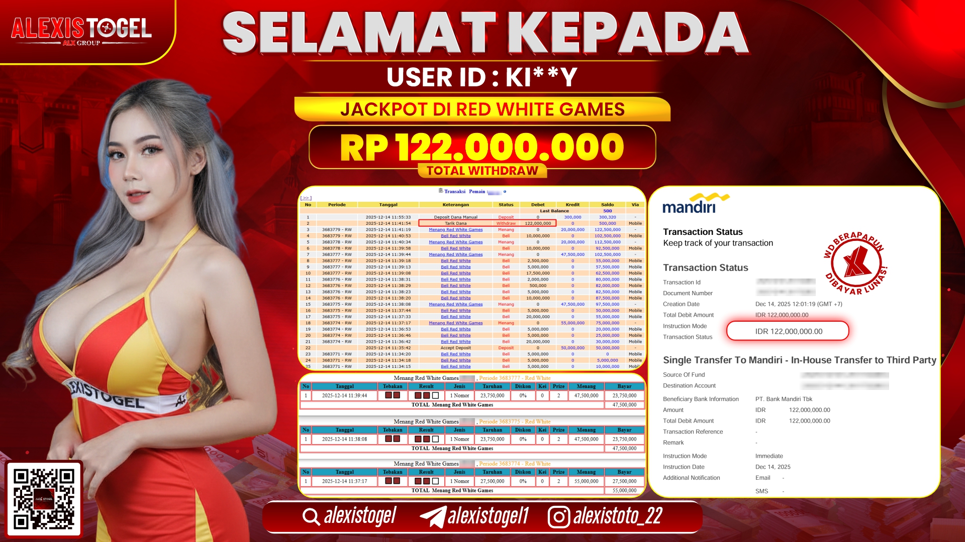 ALEXISTOGEL di CASINO RED WHITE GAMES RP.122.000.000,- LUNAS