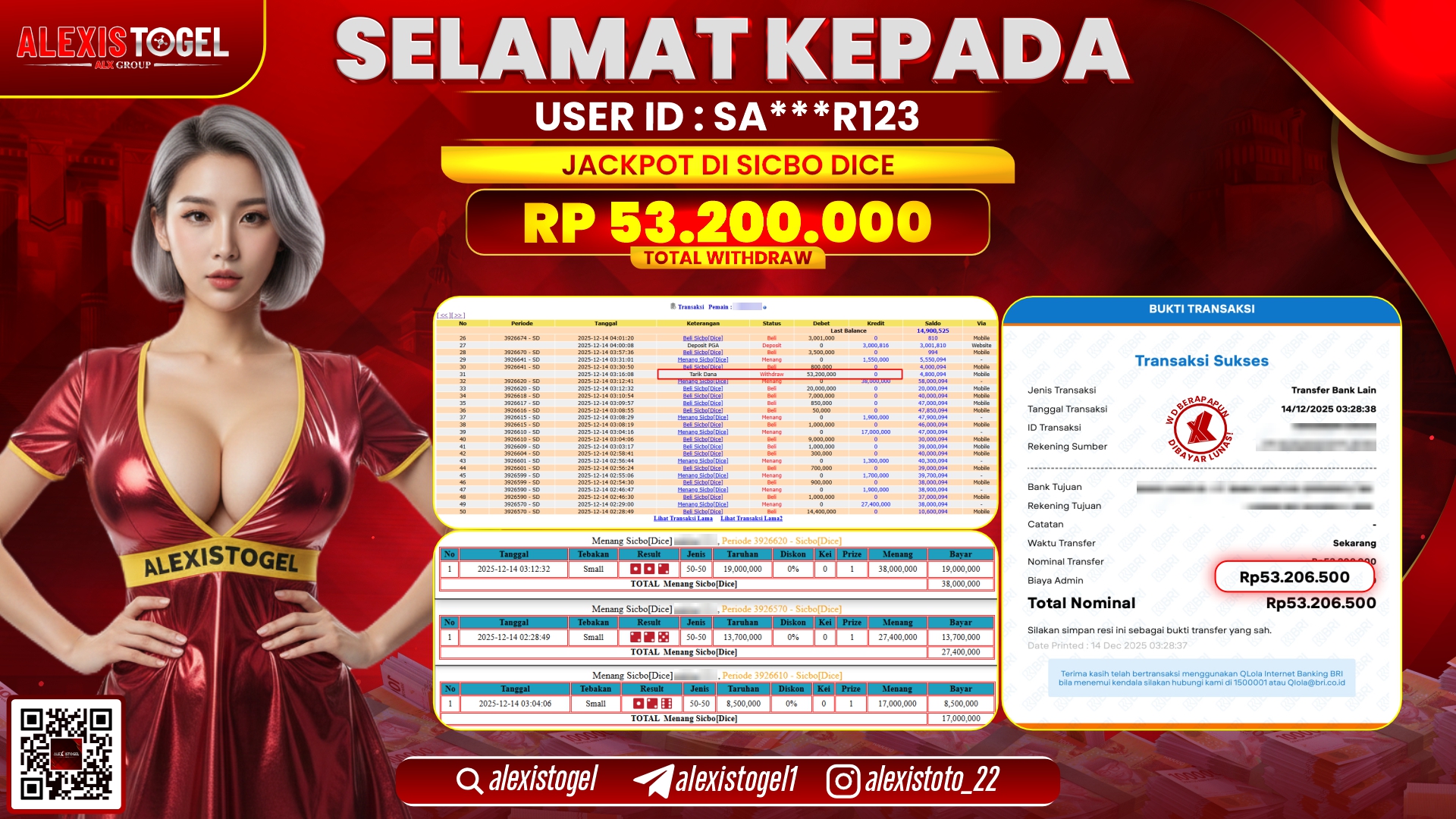 ALEXISTOGEL di CASINO SICBO DICE RP.53.200.000,- LUNAS