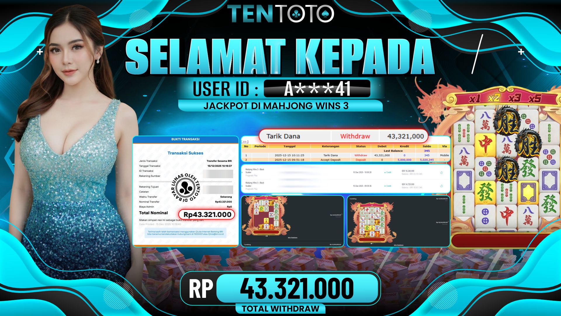 TENTOTO Mahjong Wins 3 Rp. 43.321.000,- LUNAS