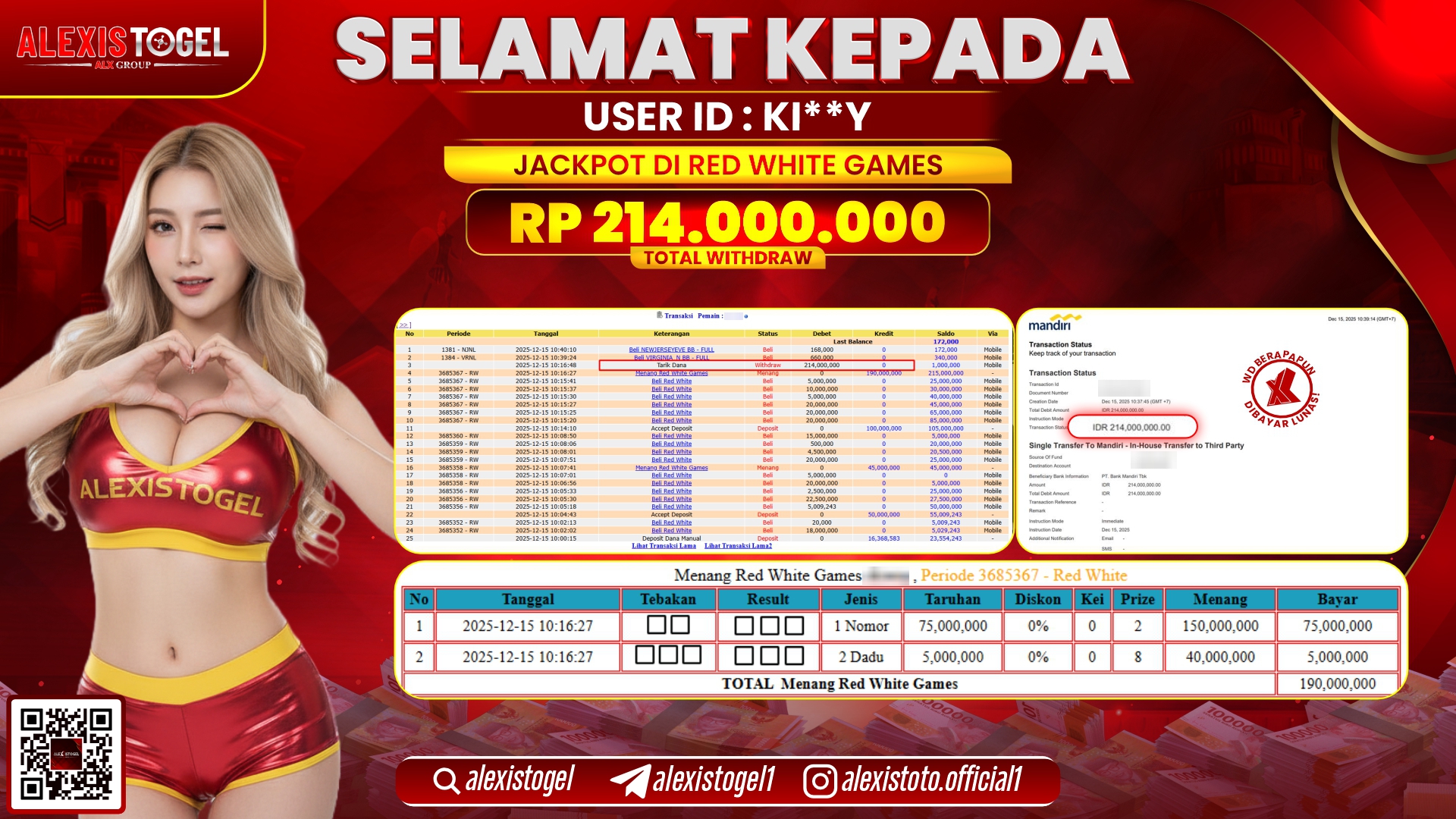 ALEXISTOGEL di CASNO RED WHITE GAMES RP.214.000.000,- LUNAS