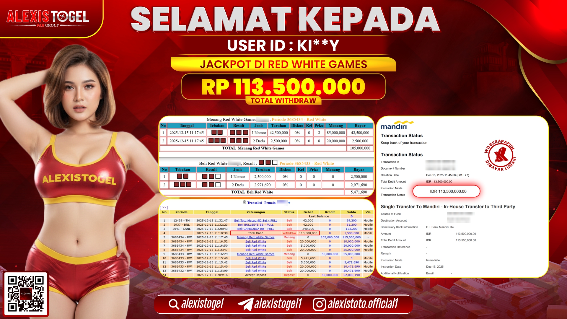 ALEXISTOGEL di CASINO RED WHITE GAMES RP.113.500.000,- LUNAS