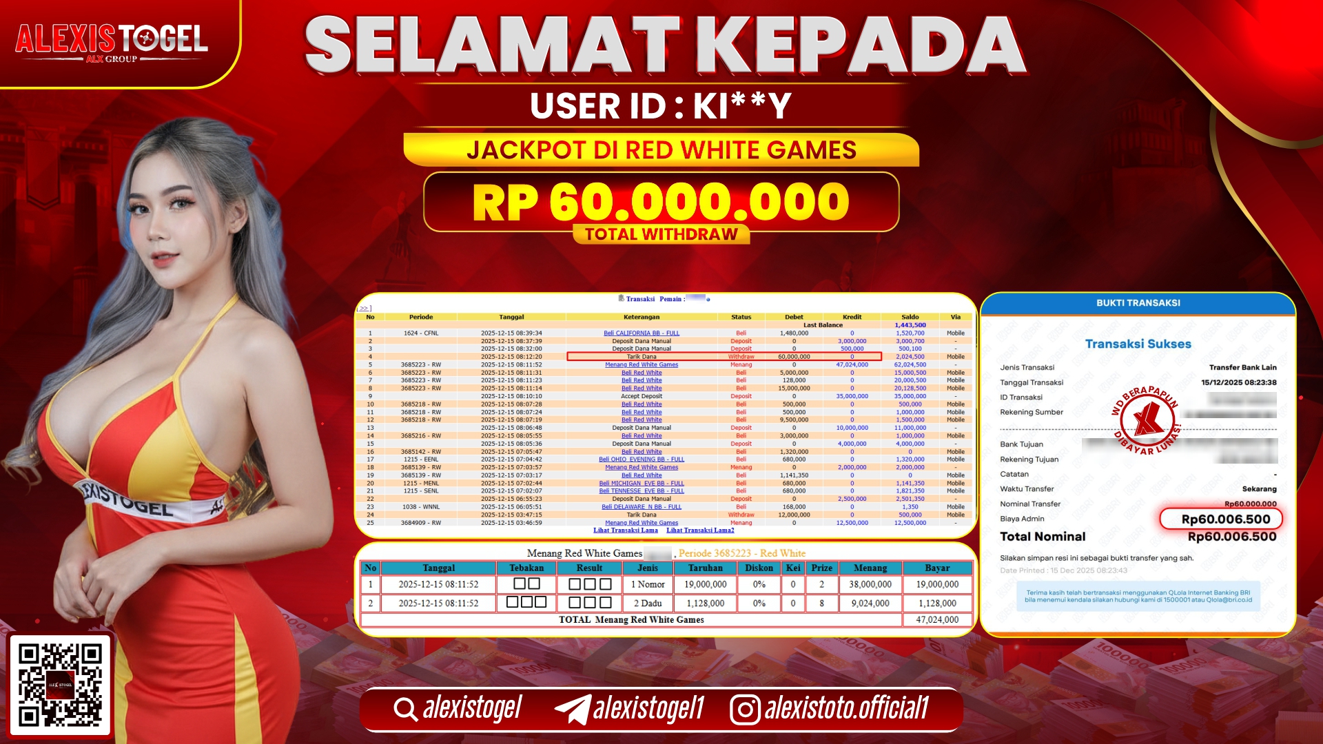 ALEXISTOGEL di CASINO RED WHITE GAMES RP.60.000.000,- LUNAS