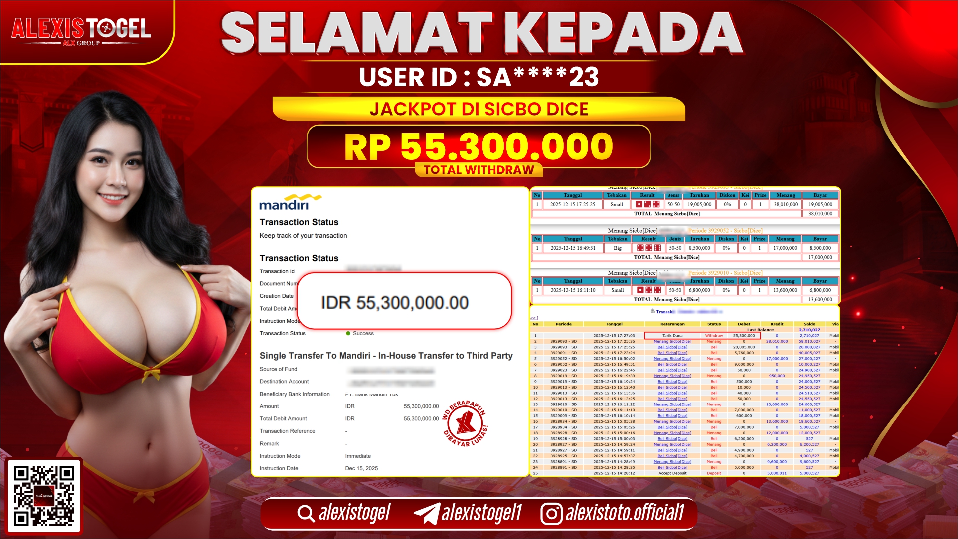 ALEXISTOGEL di CASINO SICBO DICE RP.55.300.000,- LUNAS