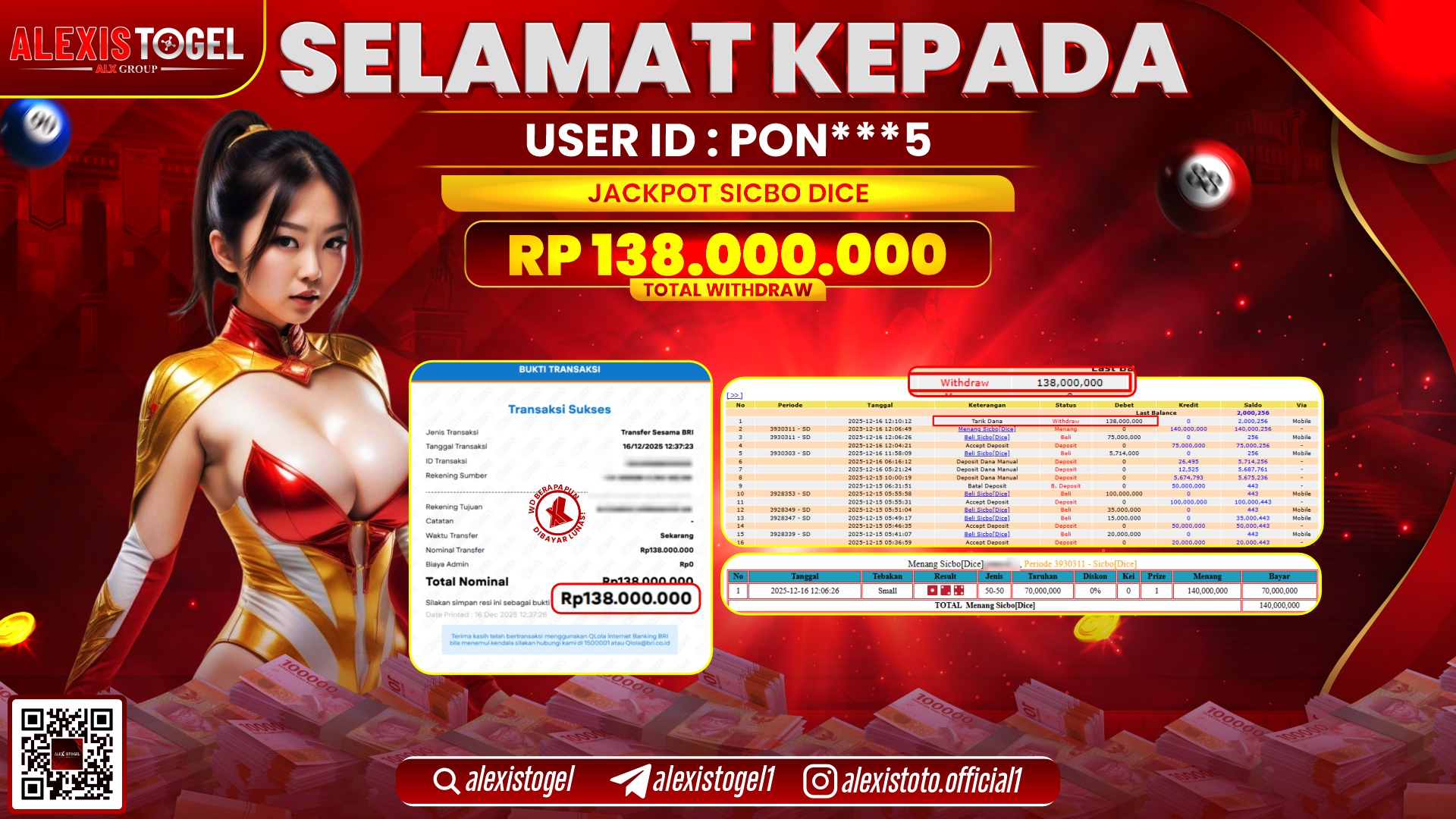 ALEXISTOGEL di CASINO SICBO DICE RP.138.000.000,- LUNAS