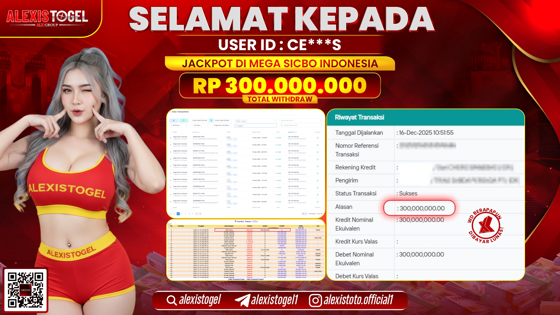 ALEXISTOGEL di CASINO MEGA SICBO INDONESIA RP.300.000.000,- LUNAS