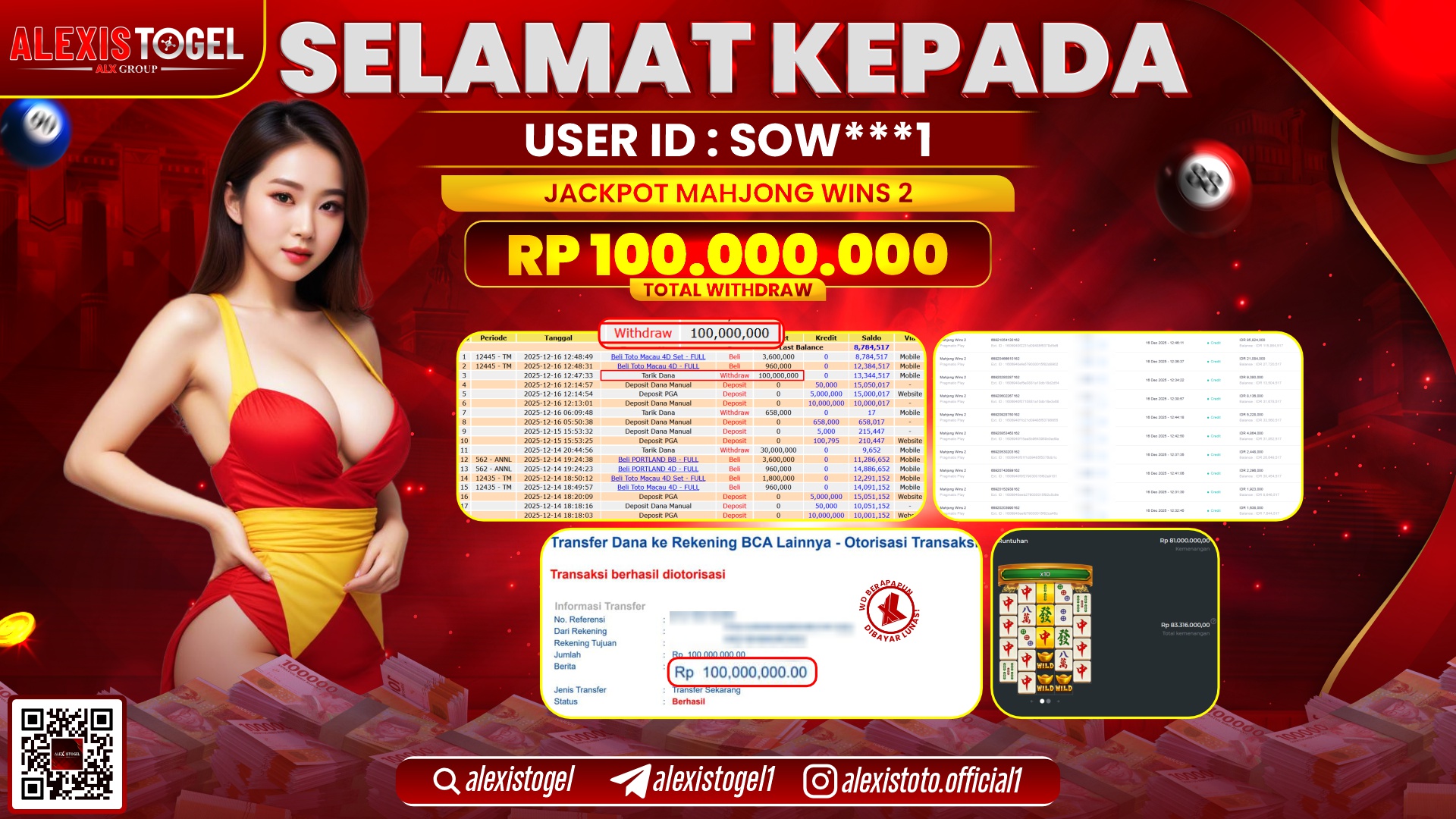 ALEXISTOGEL di SLOT MAHJONG WINS 2 RP.100.000.000,- LUNAS
