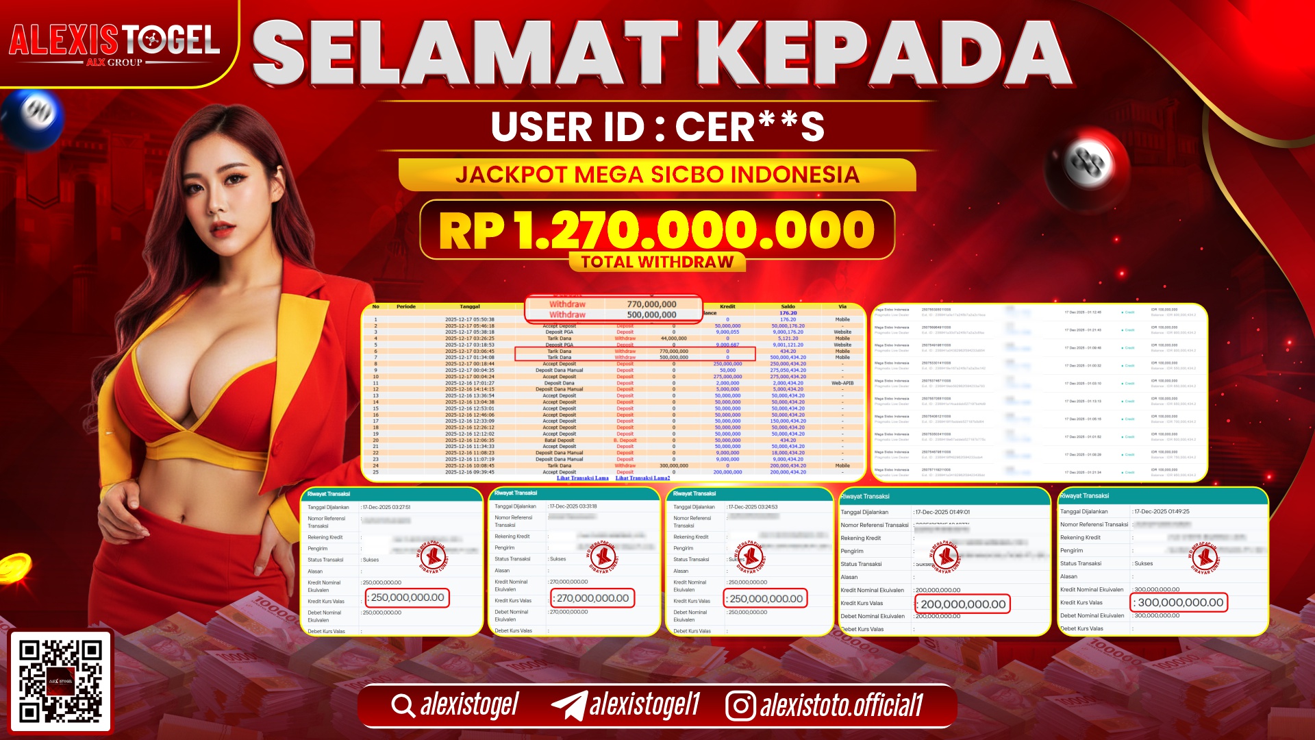 ALEXISTOGEL di CASINO MEGA SICBO INDONESIA RP.1.270.000.000,- LUNAS 