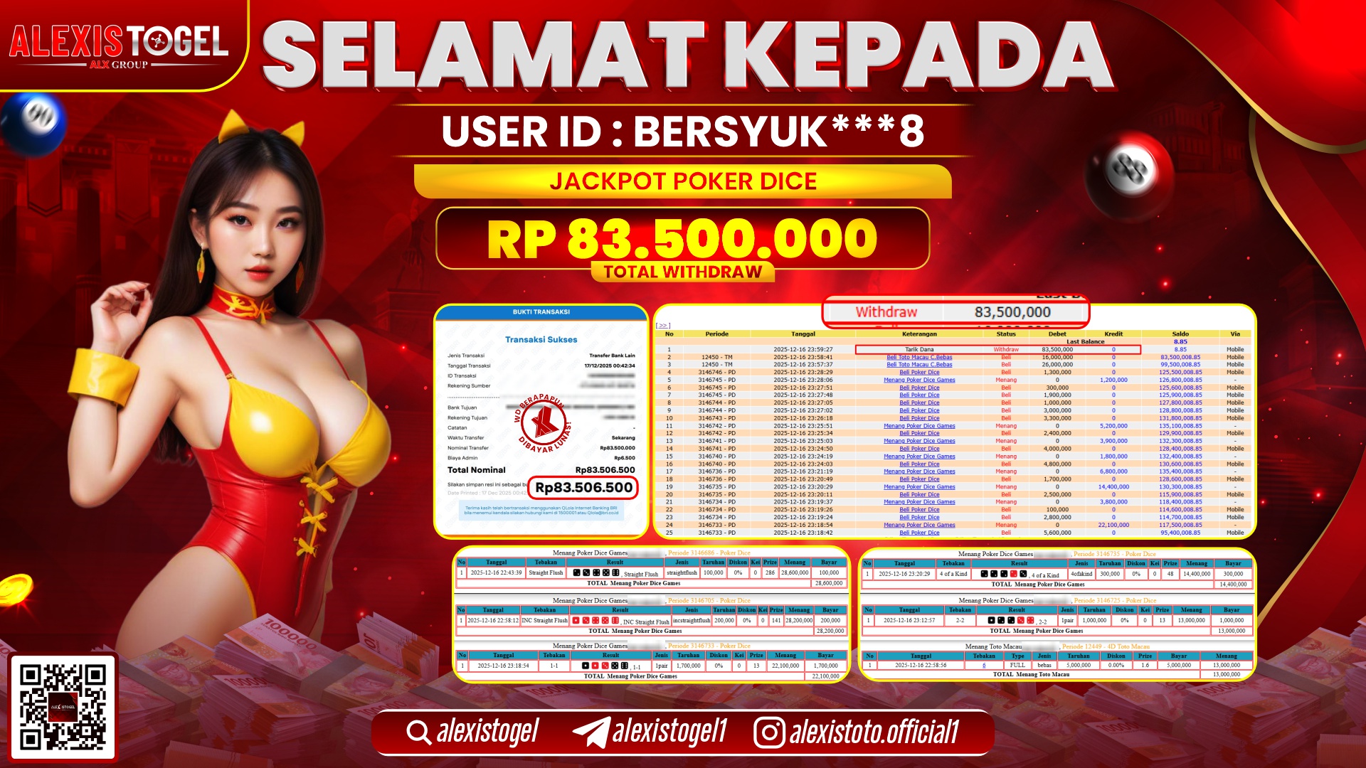 ALEXISTOGEL di CASINO POKER DICE RP.83.500.000,- LUNAS 