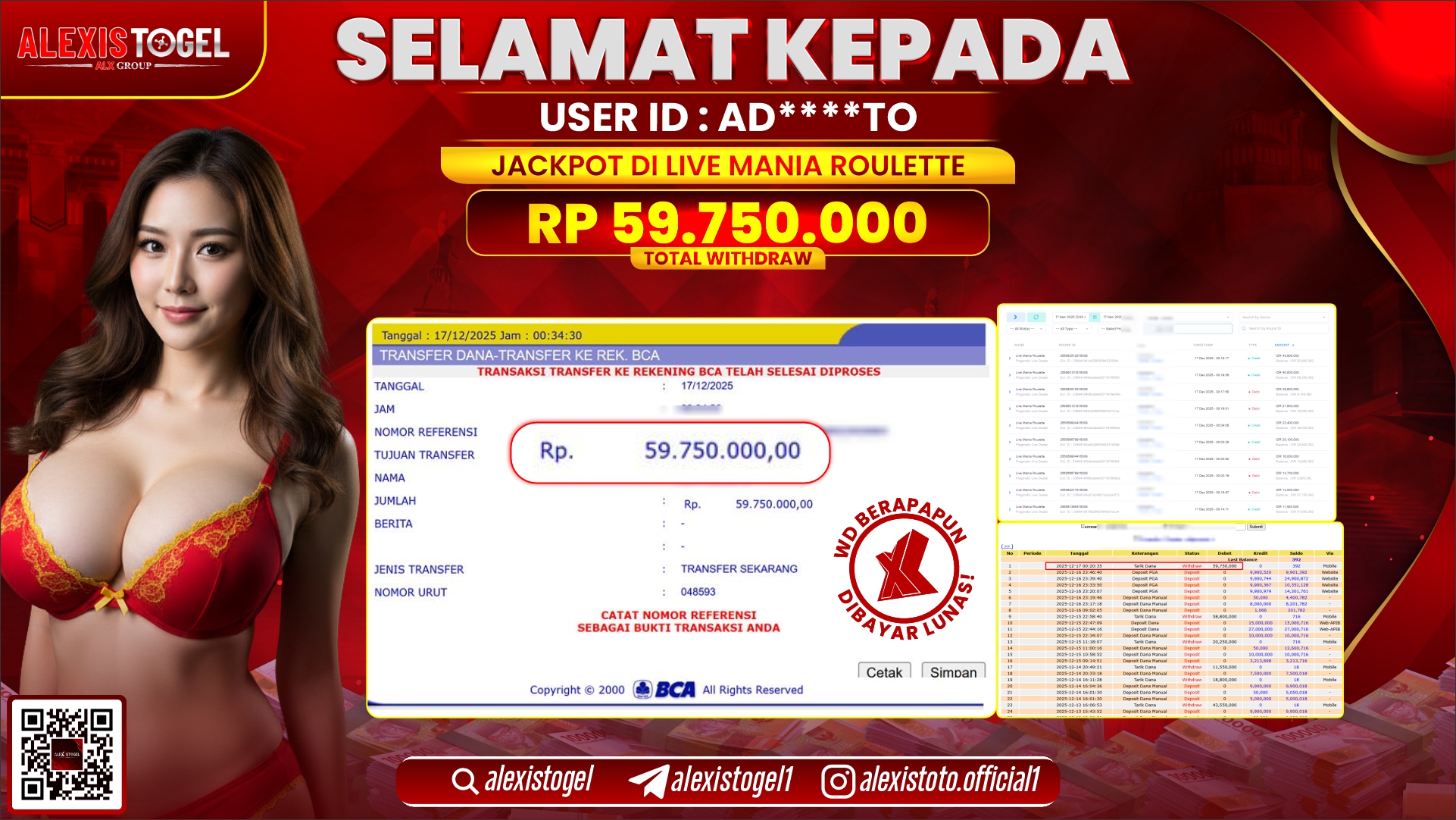 ALEXISTOGEL di PP LIVE MANIA ROULETTE RP.59.750.000,- LUNAS 