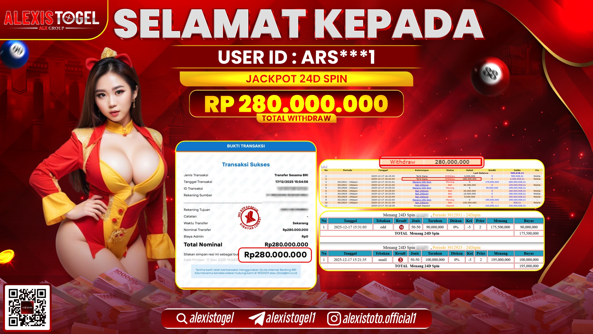 ALEXISTOGEL di CASINO 24D SPIN RP.280.000.000,- LUNAS 