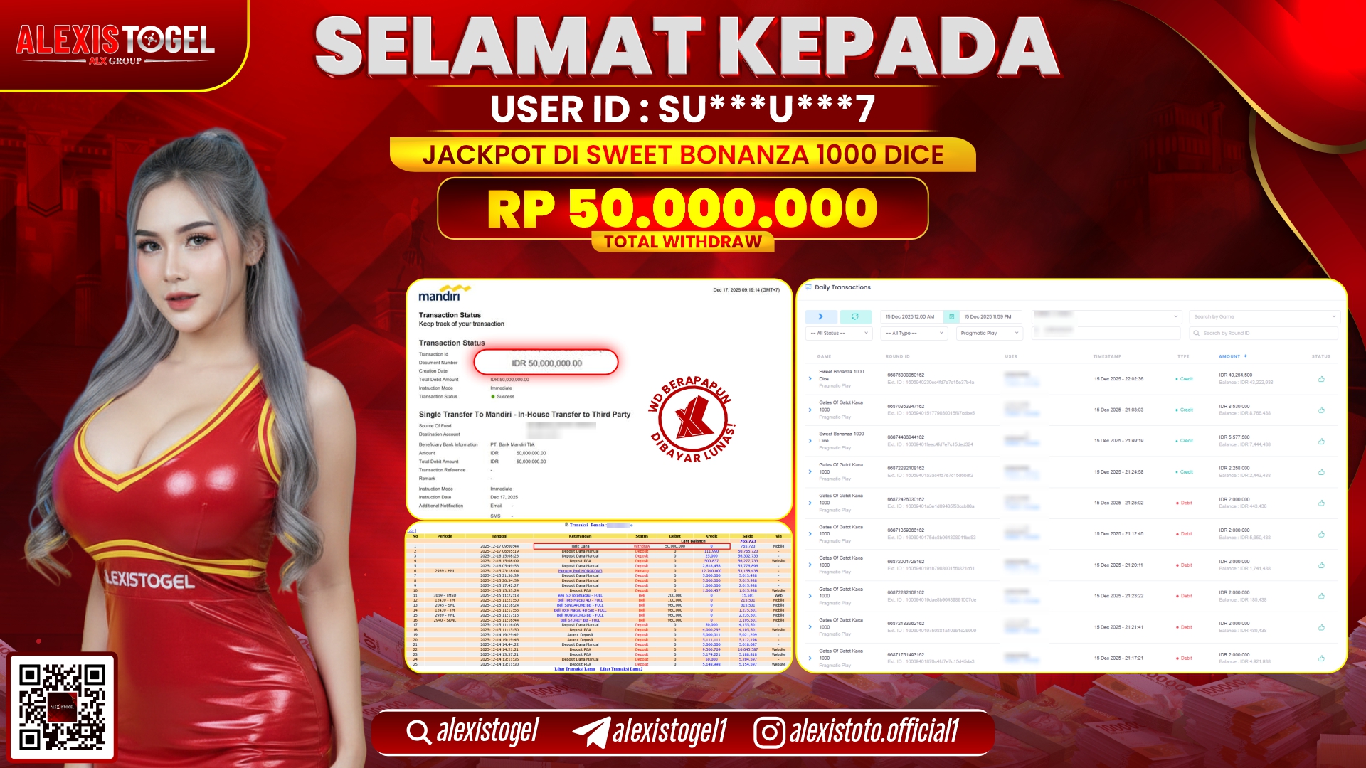 ALEXISTOGEL di SLOT SWEET BONANZA 1000 DICE RP.50.000.000,- LUNAS 