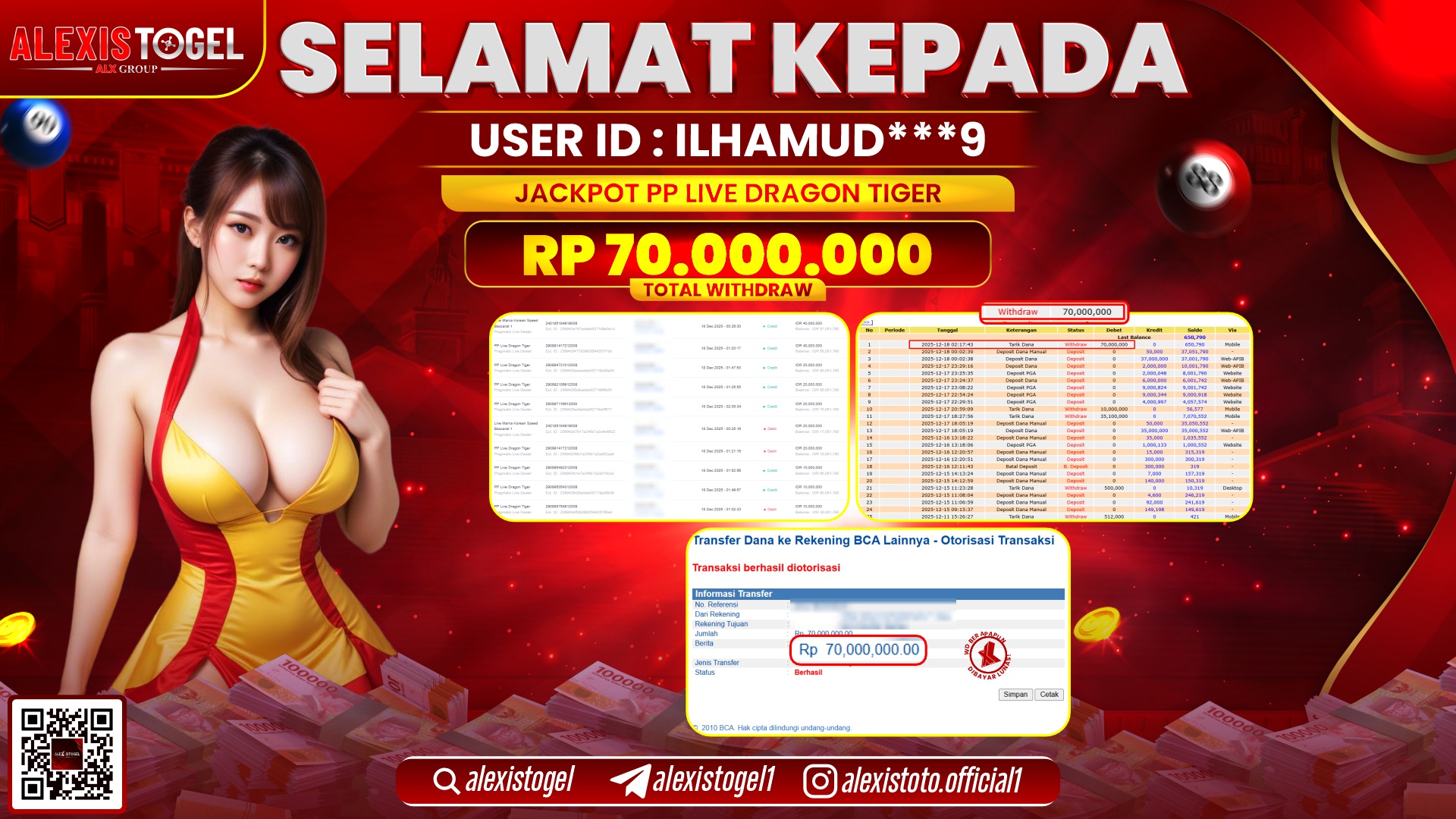 ALEXISTOGEL di PP LIVE DRAGON TIGER RP.70.000.000,- LUNAS 