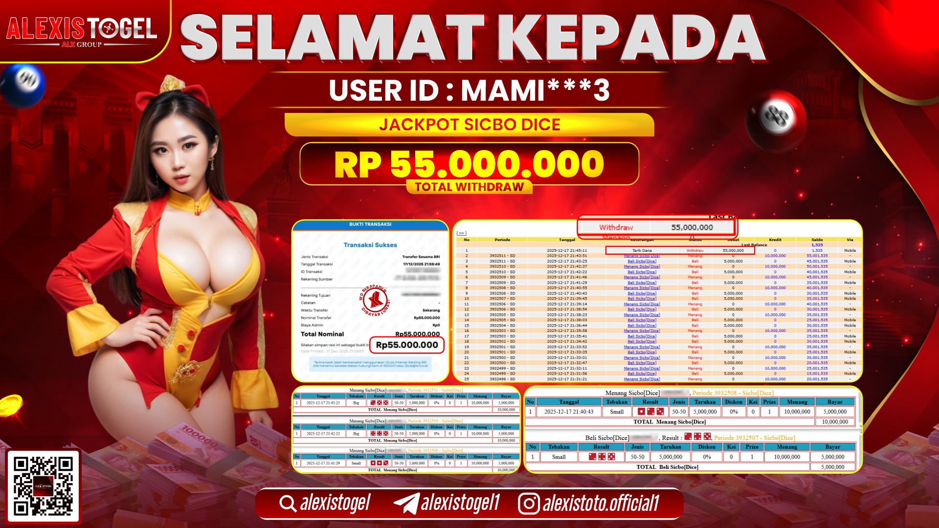 ALEXISTOGEL di CASINO SICBO DICE RP.55.000.000,- LUNAS 