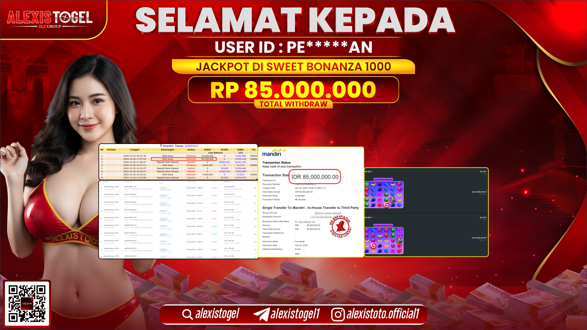ALEXISTOGEL di SLOT SWEET BONANZA 1000 RP.85.000.000,- LUNAS 