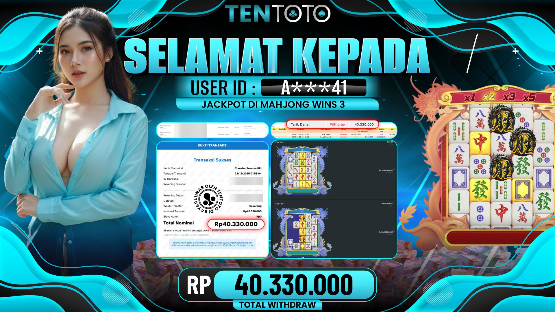 TENTOTO Mahjong Wins 3 Rp. 40.330.000,- LUNAS