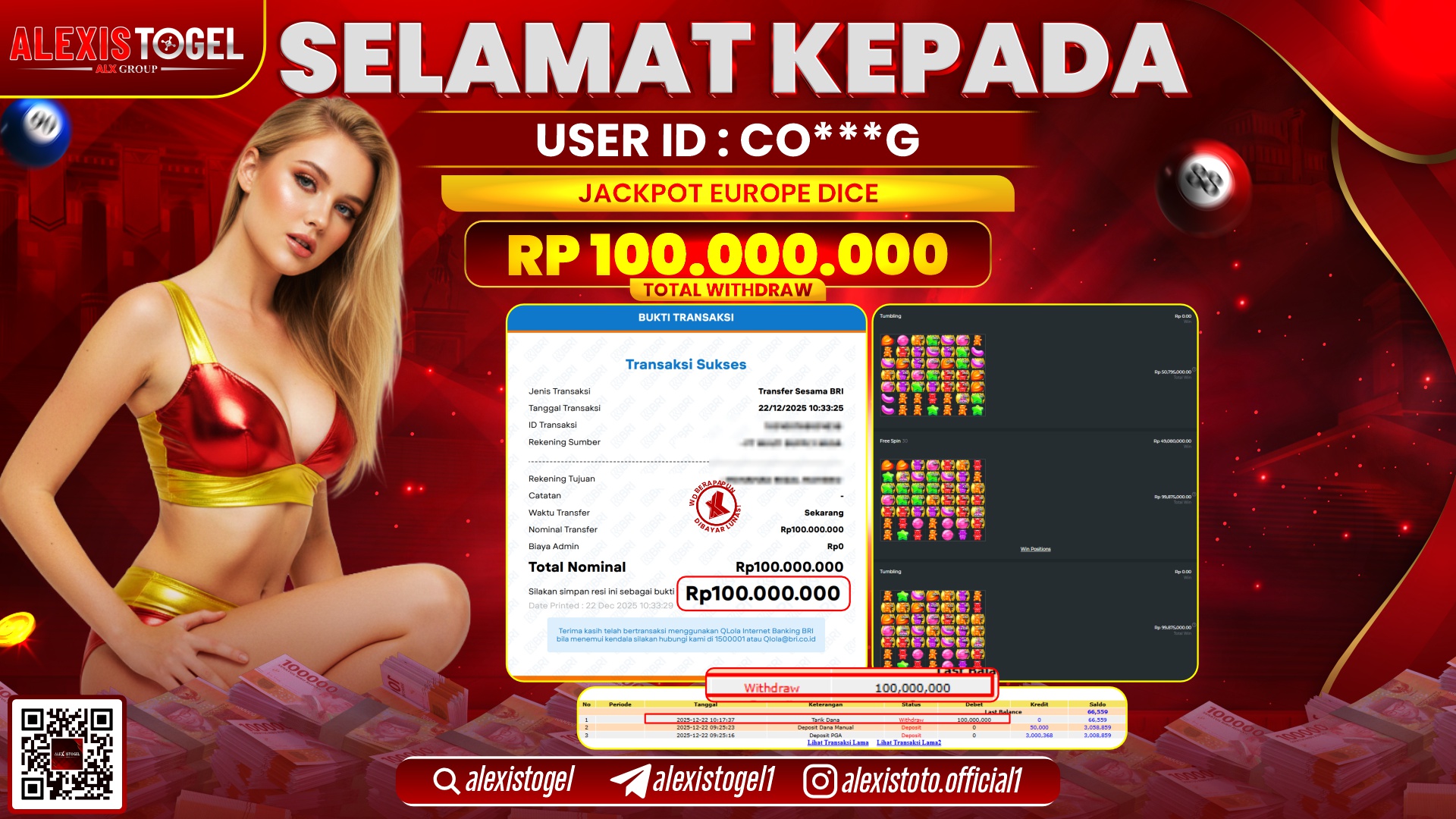 ALEXISTOGEL di CASINO EUROPE DICE RP.100.000.000,- LUNAS 