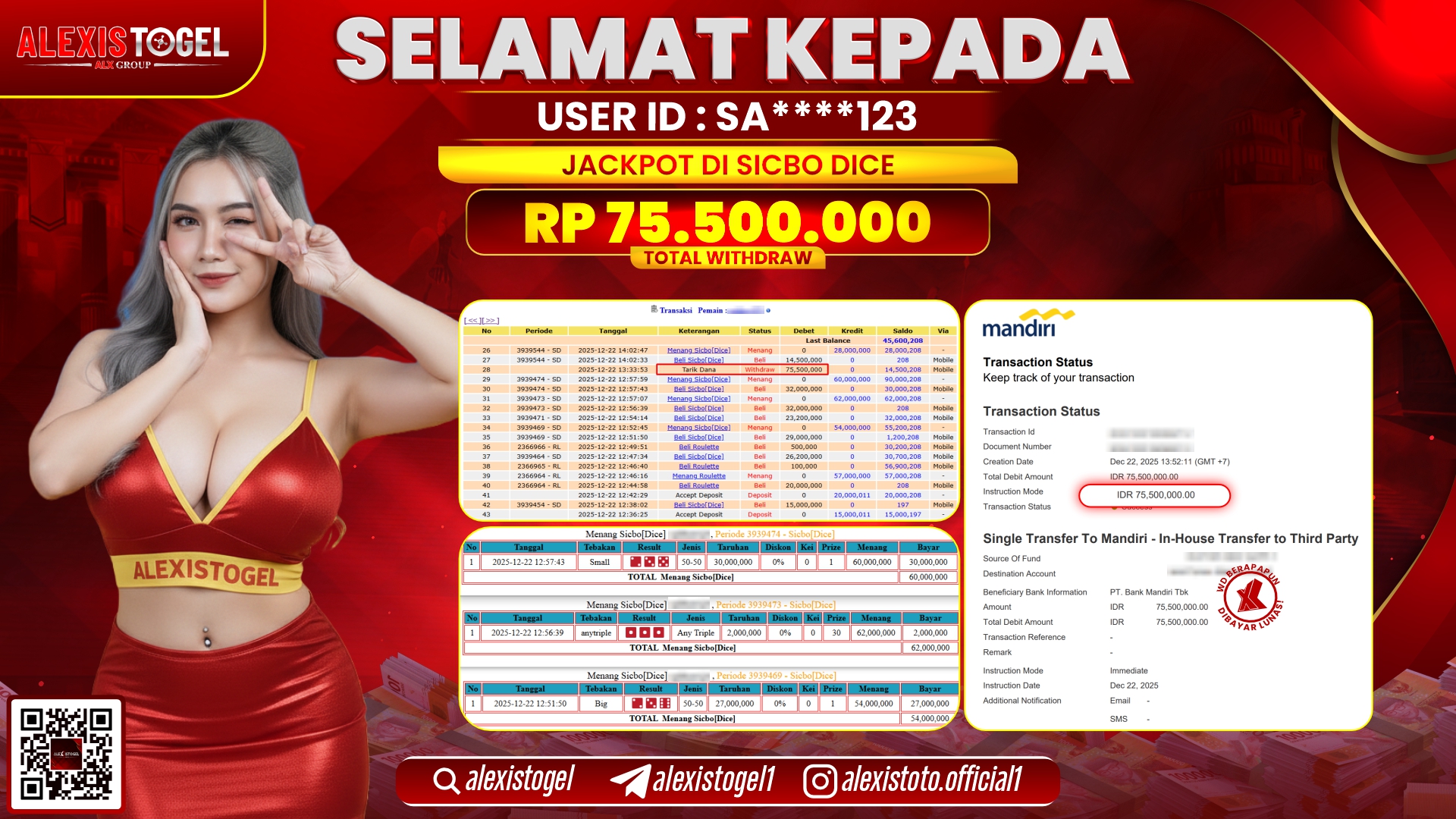 ALEXISTOGEL di CASINO SICBO DICE RP.75.000.000,- LUNAS 