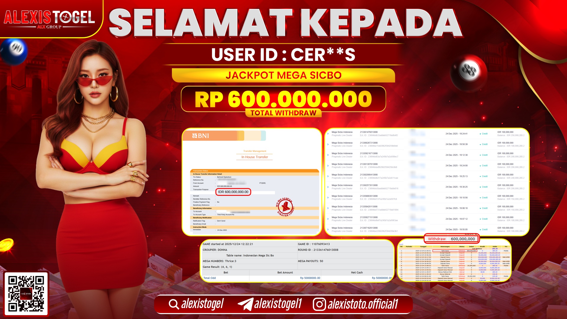 ALEXISTOGEL di CASINO MEGA SICBO RP.600.000.000,- LUNAS   